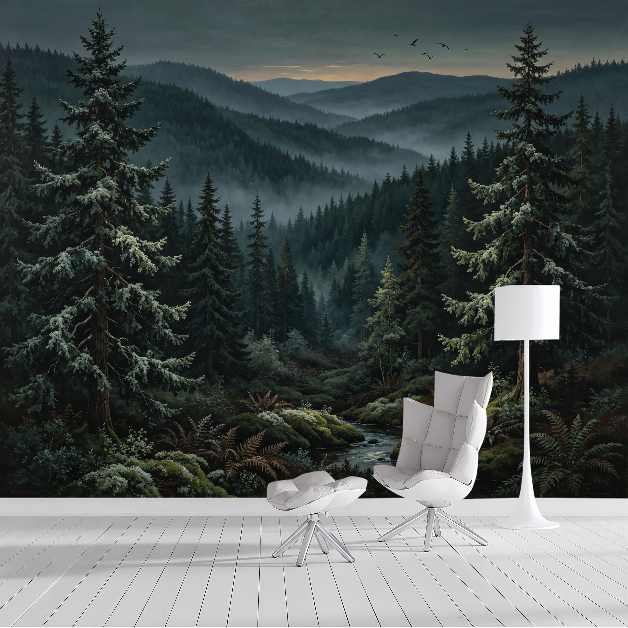 Custom Size Wall Mural Misty Forest Landscape Evergreen Trees River Stream Oil Painting SelfAdhesive Wall Fabric Removable Peel and Stick Wallpaper for Living Room Bedroom Bathroom