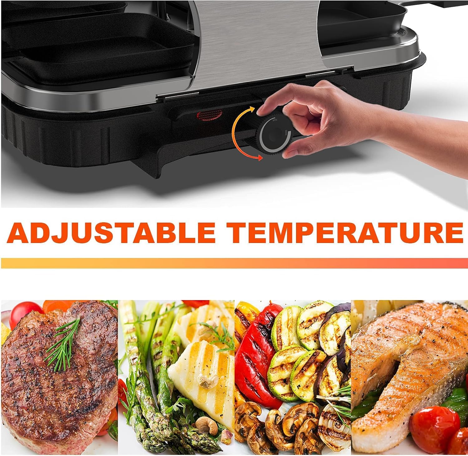 HengBO Griglia per raclette per 8 persone con 8 padellineantiaderenti, piastra grill regolabile senza scatti, elettrica, 1300W, in acciaio inossidabile, nero