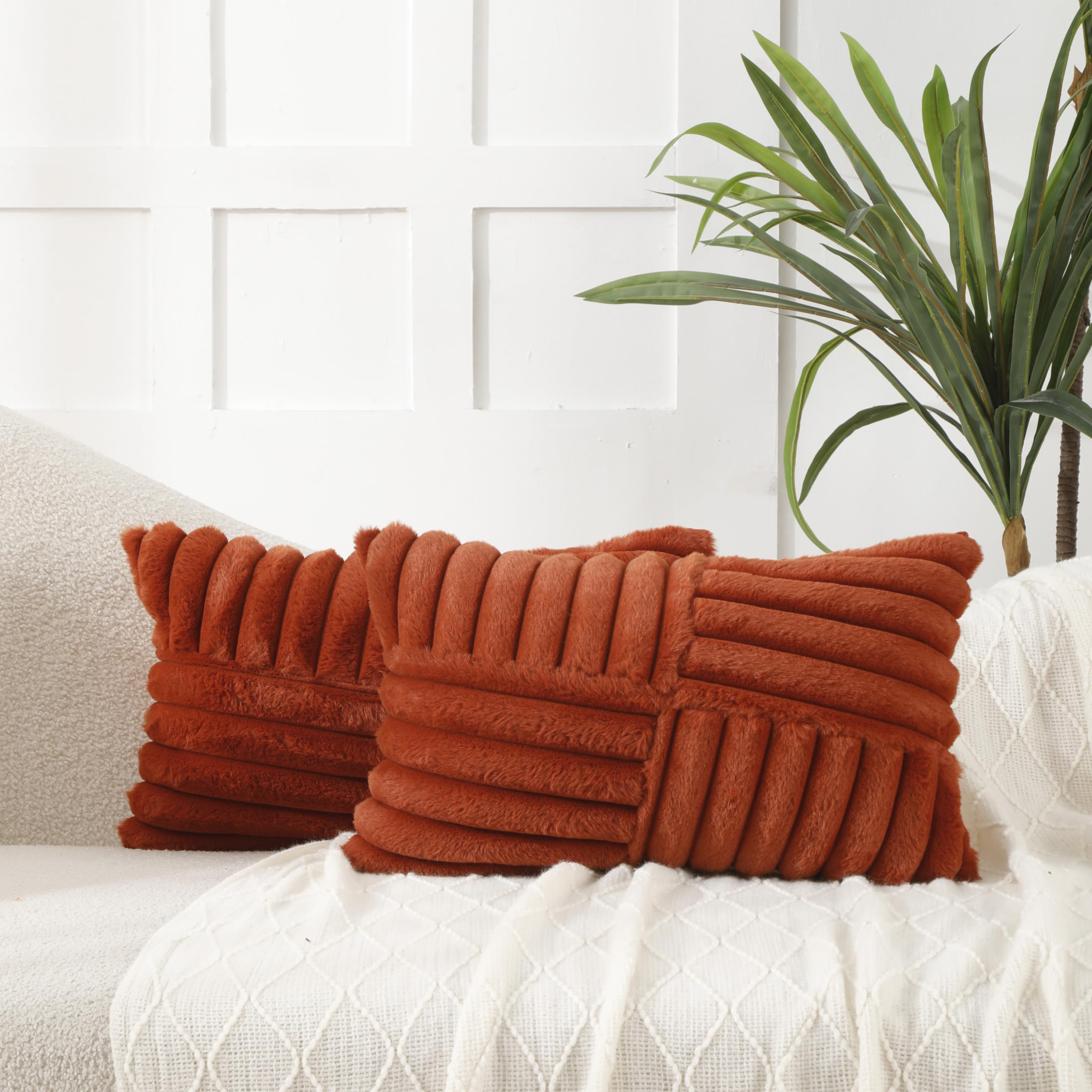 All Smiles Fall Throw Pillow Covers 12x20 Set of 2 Burnt Orange Faux Fur Soft Fluffy Velvet Cushion Case Autumn Thanksgiving Decoration Farmhouse Home Decor for Couch Bed Sofa Living Room,Boho Rust