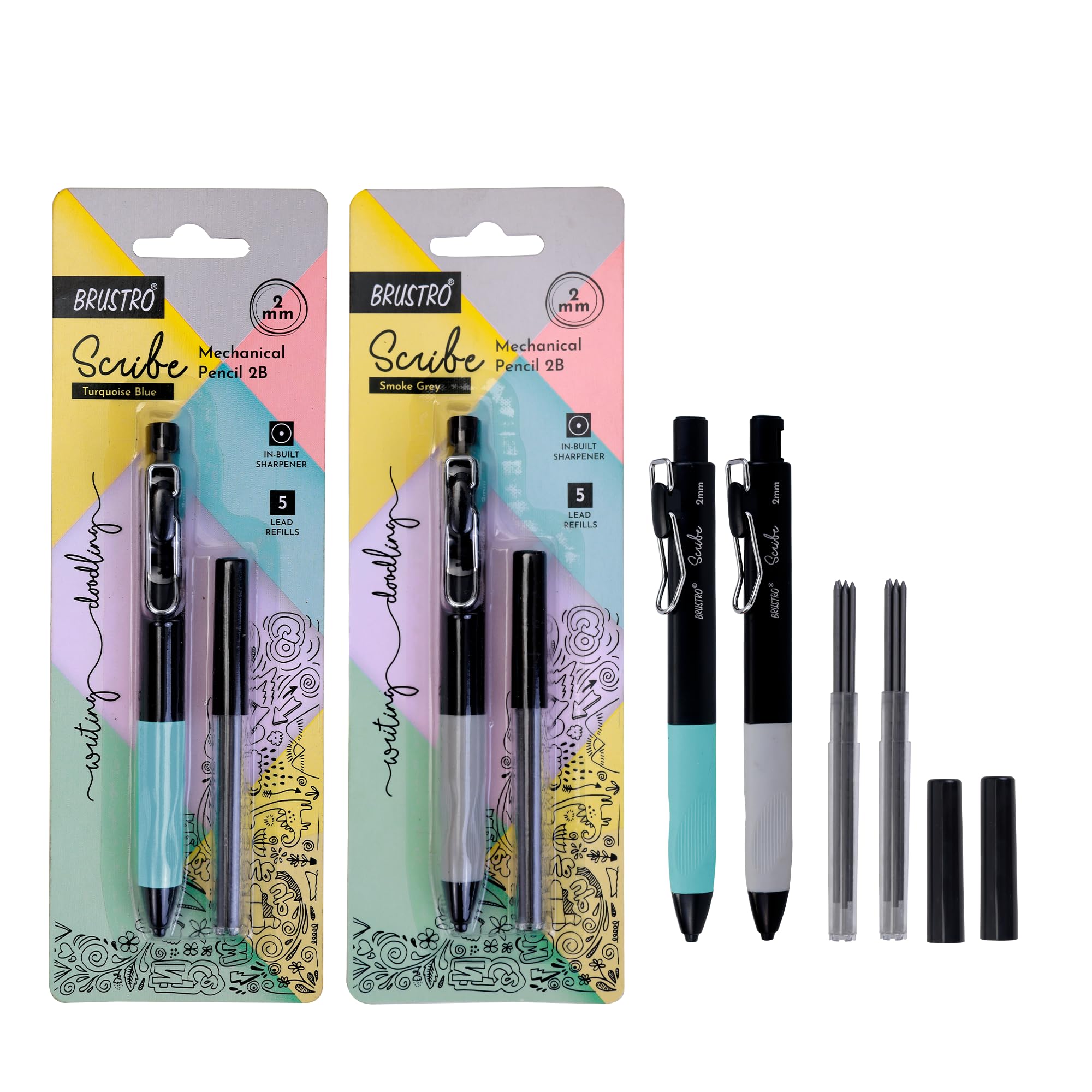 BRUSTRO Scribe Precision Mechanical Pencil 2B | Tip 2MM, Set of 2 (Smoke Grey & Turquoise Blue) with Built-in Sharpener and 5 Extra Leads |Ideal For Writing,Sketching,Drawing,Mandala Arts,Schools-image-13