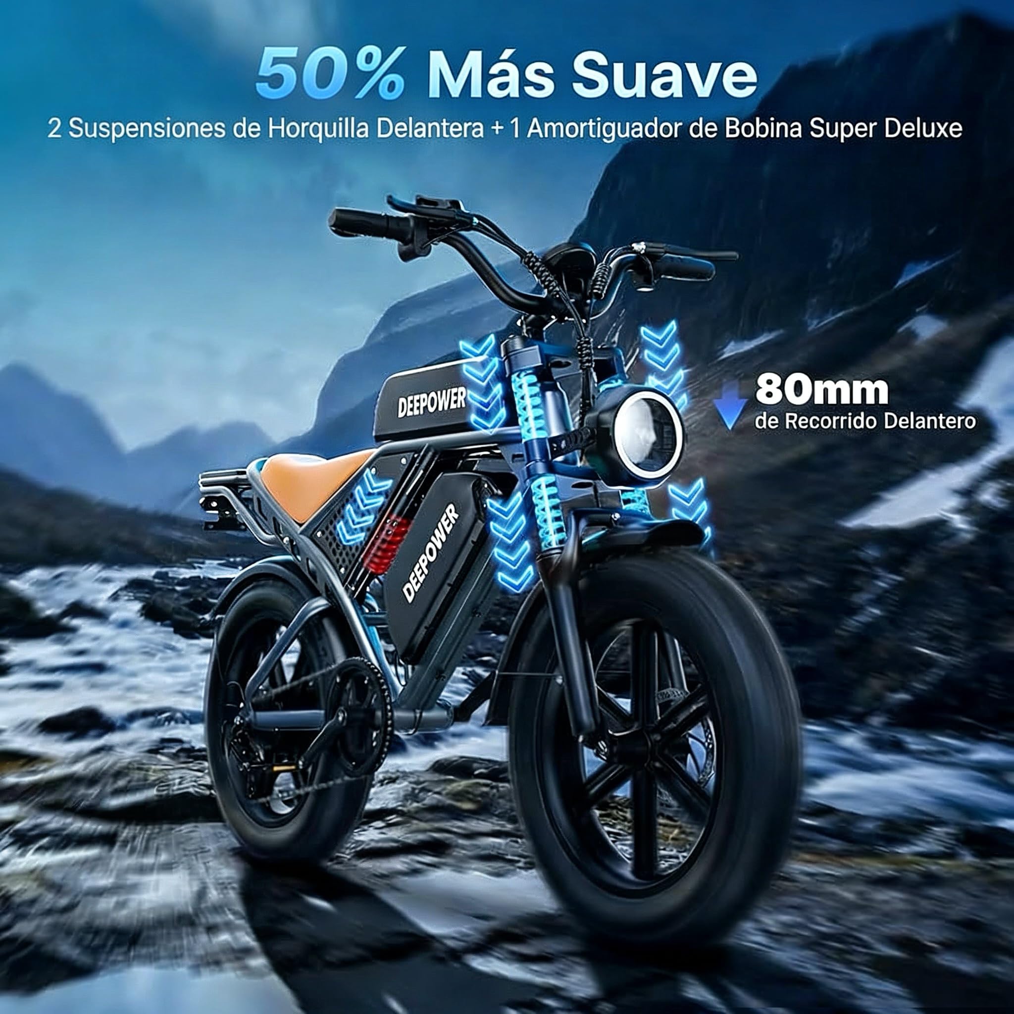 DEEPOWER QS7 Bicicleta Eléctrica, Batería Extraíble 48V 60Ah/35Ah/20Ah, Autonomía 110-250KM, Motor con Par 120N·m, Neumáticos Anchos 20'' x 4.0, 7 Velocidades, Suspensión Hidráulica Completa