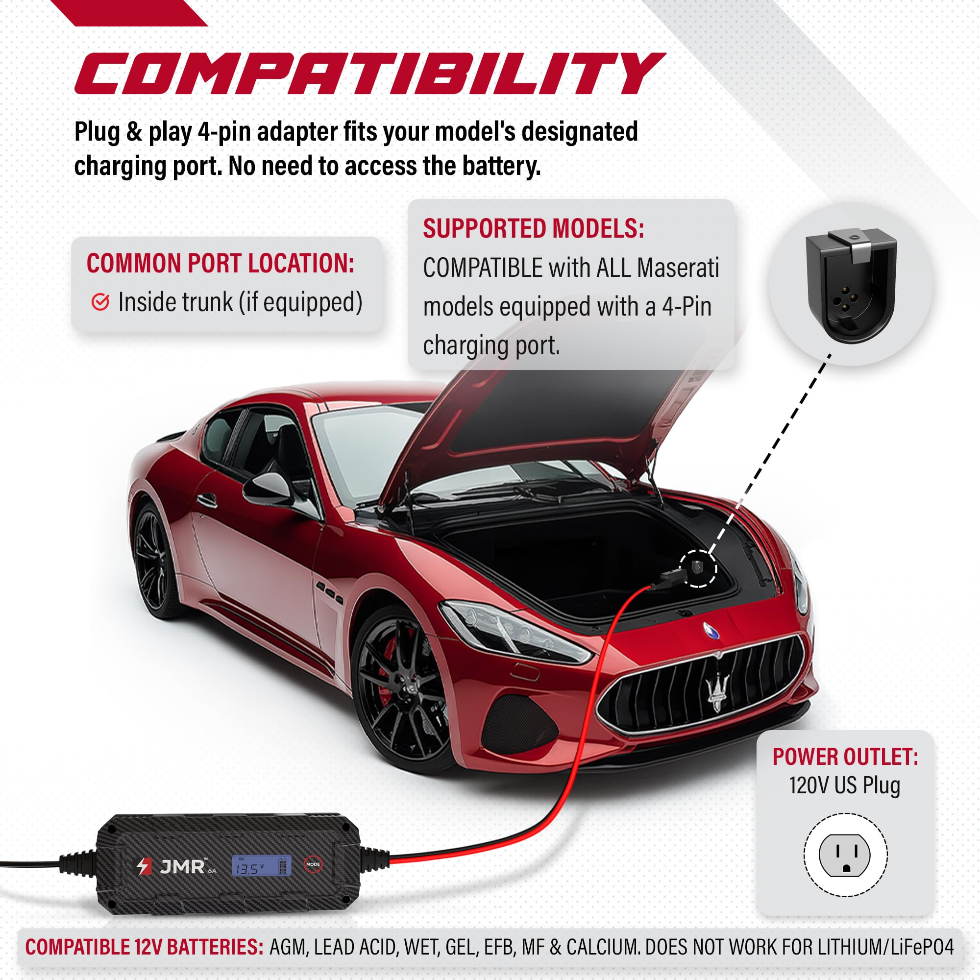 Amazon.com: JMR 12V Battery Charger for Maserati, 4-Pin Port, No
