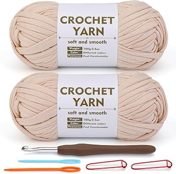 SHWAKK 2 Pack T-Shirt Yarn Set, Beige Knitting Crochet T Shirt Yarn for Crochet Bag/Baskets with Crochet Hook, Elastic Thick Tshirt Yarn Kit for Crocheting, Ribbon Cotton Yarn, Knitting Ball