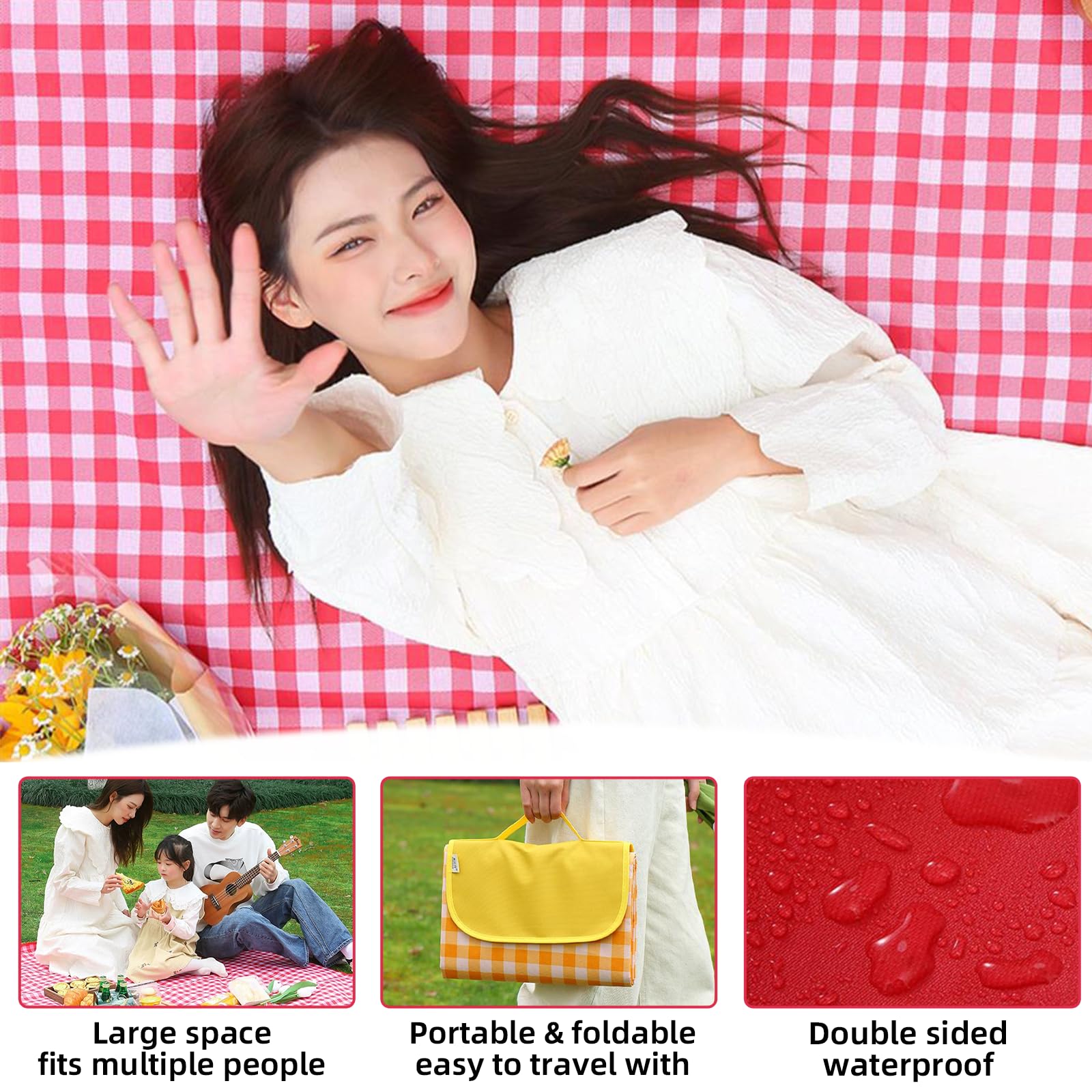 Coperta da picnic impermeabile portatile – pieghevole con manico 8 colori 2 misure (150 x 200 cm) per attività all'aperto, spiaggia, campeggio e divertimento in famiglia