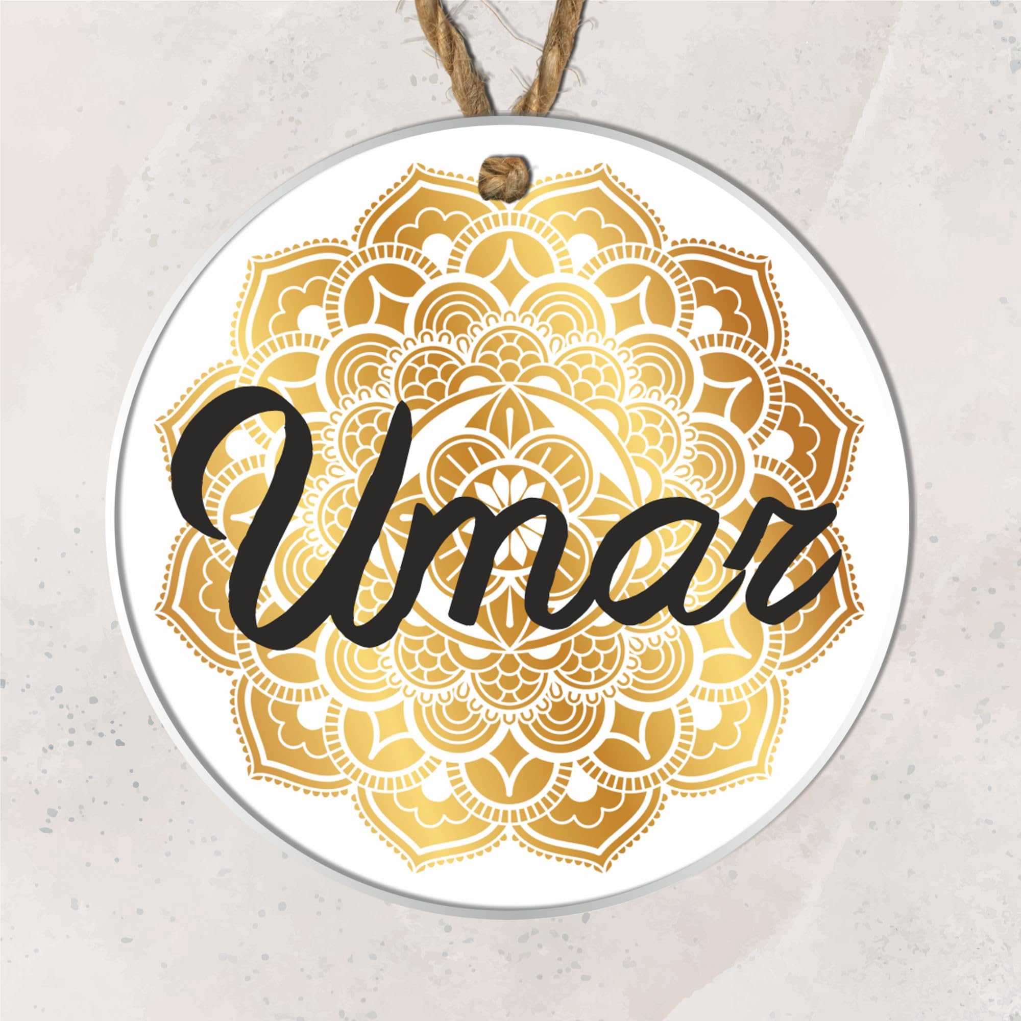 Personalised Name Eid and Ramadan Hanging Decoration Custom Family Islamic Decorations for Eid Mubarak Ramadan Mubarak Islamic Home Décor Baubles (Gold Damask, Acrylic White Background)