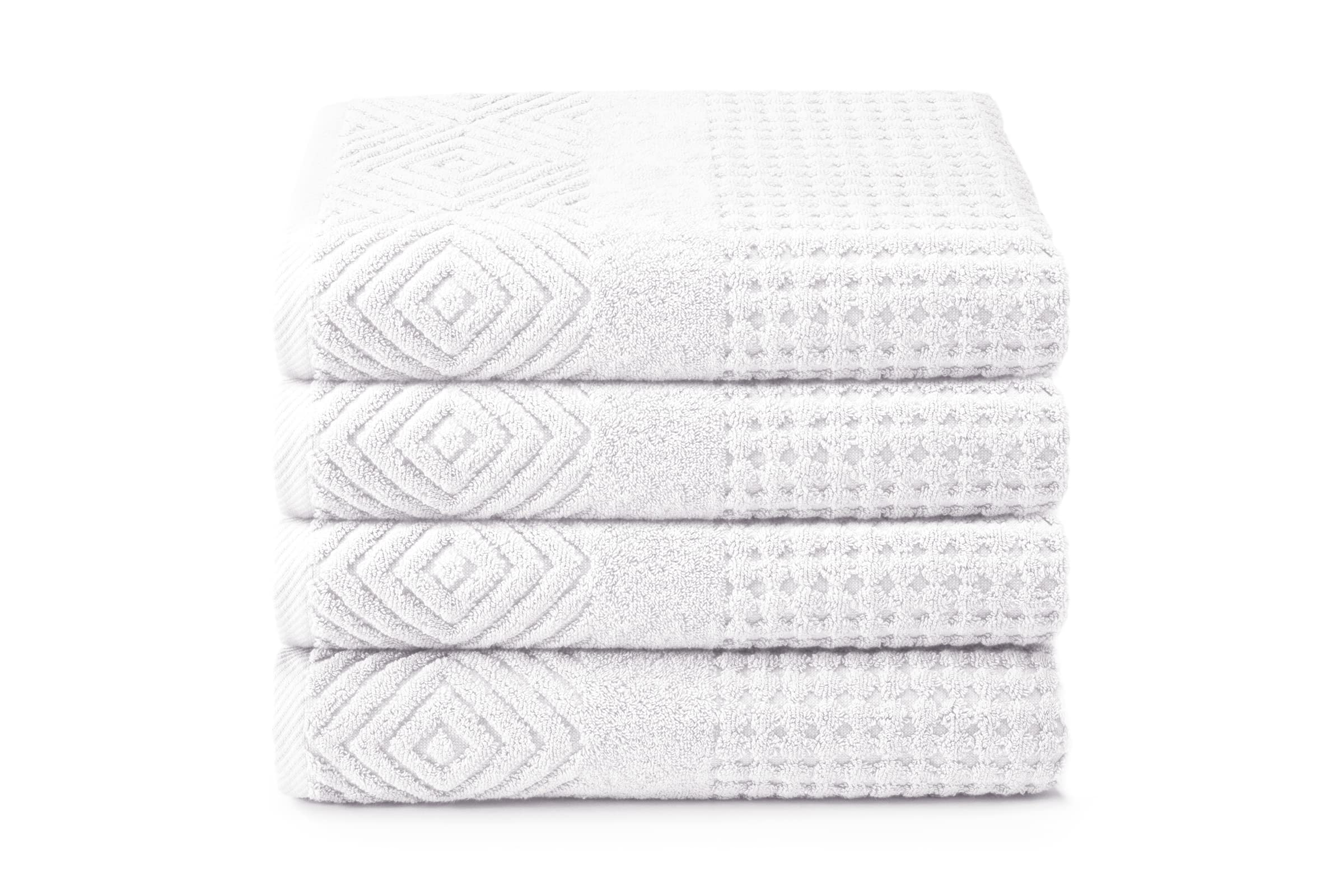 Texere 100% Organic Cotton Diamond Jacquard 700 GSM Luxury Bath Towel Sets - Ultra Soft and Absorbent Hotel and Spa Quality (Diamond, Bright White, 4