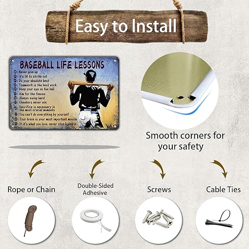 Miniatura 3 de Letrero de metal con texto en inglés "Baseball Life Lessons", diseño de lecciones de vida de béisbol, decoración de pared para el hogar, cocina, 8 x