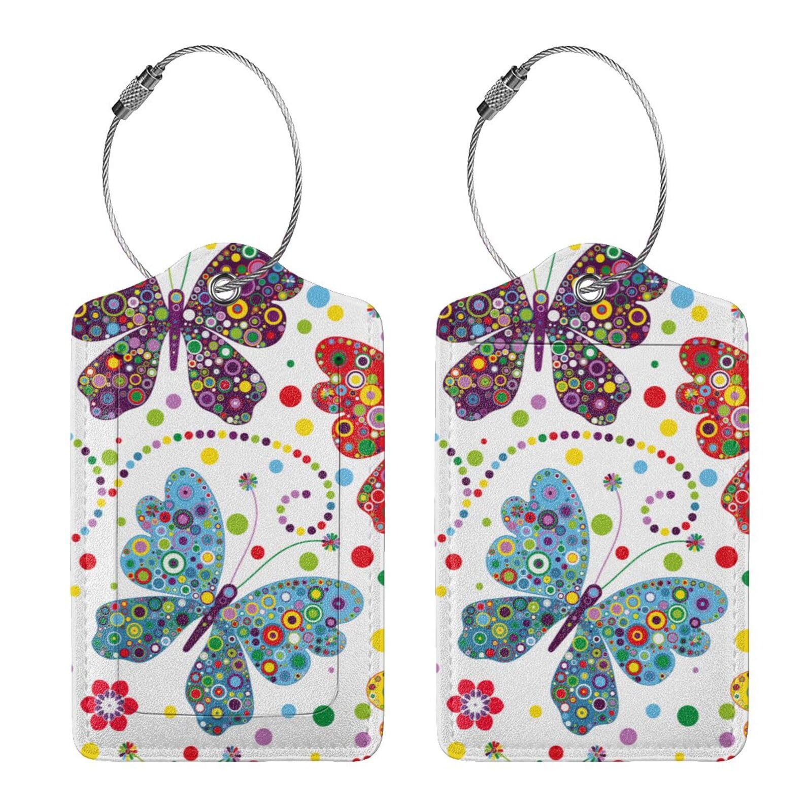 2 Pcs Colorful Butterfly Luggage Tags for Suitcase, Unique Women Girl Travel Gift for Privacy Cover ID Label with Stainless Steel Loop Address Card