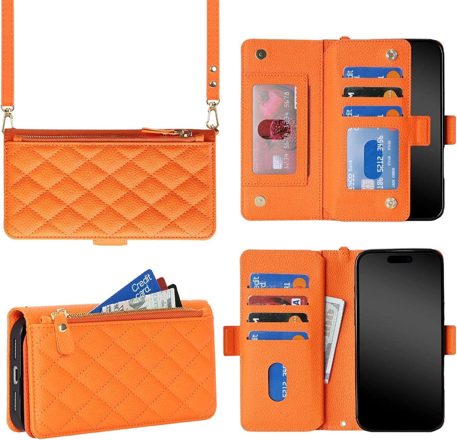 Jaorty for iPhone 11 Phone Case Wallet with Crossbody Strap, Shoulder Necklace Lanyard,flip Cover PU Leather, Rhombus for Women Men, Zipper Pocket, Kickstand, Card Holder, 6.1" Orange