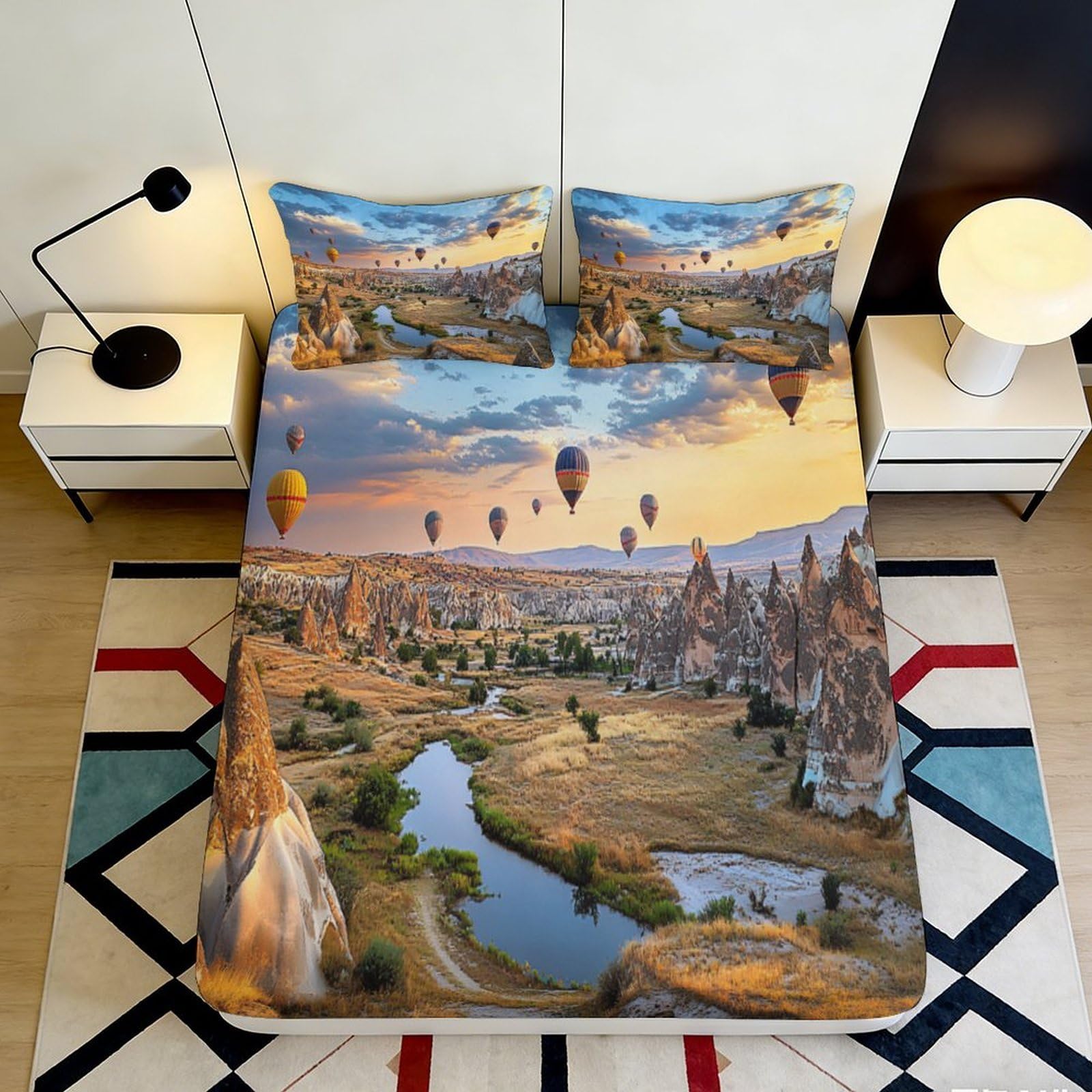 3D Printed Hot Air Balloon Landscape Fitted Sheet Microfiber Scenic Bed Cover for Bedroom Guest Room Decor 90x200x25cm
