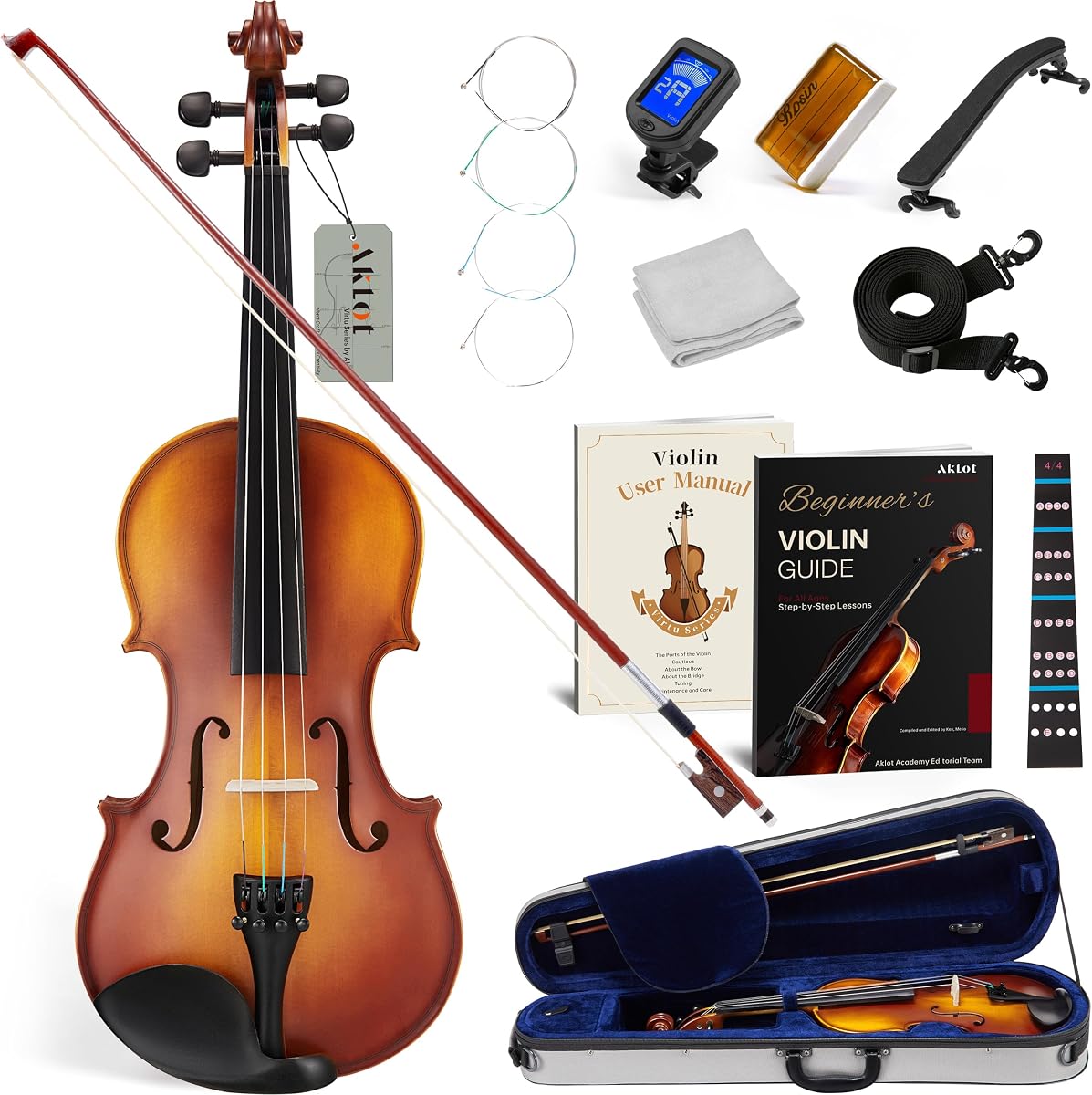 AKLOT Handcrafted Full Size Violin: Solid Wood Matte Fiddle, Acoustic Beginner 4/4 Violin Kit with Hard Case, Lesson Book, Bow, Shoulder Rest, Extra Strings, Tuner, Fretboard Stickers (VRT-AmiCS)