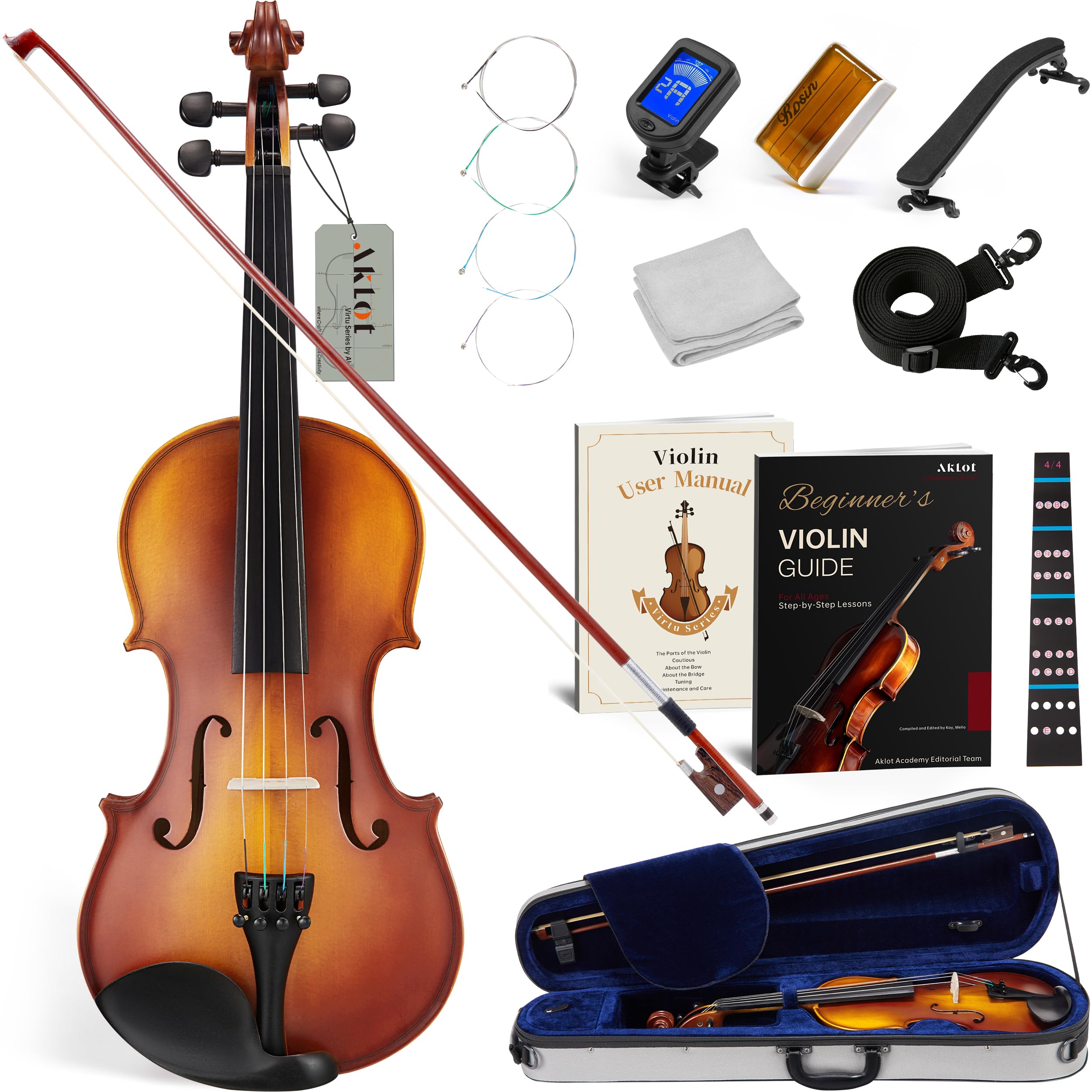 AKLOT Handcrafted Full Size Violin: Solid Wood Matte Fiddle, Acoustic Beginner 4/4 Violin Kit with Hard Case, Lesson Book, Bow, Shoulder Rest, Extra Strings, Tuner, Fretboard Stickers (VRT-AmiCS)