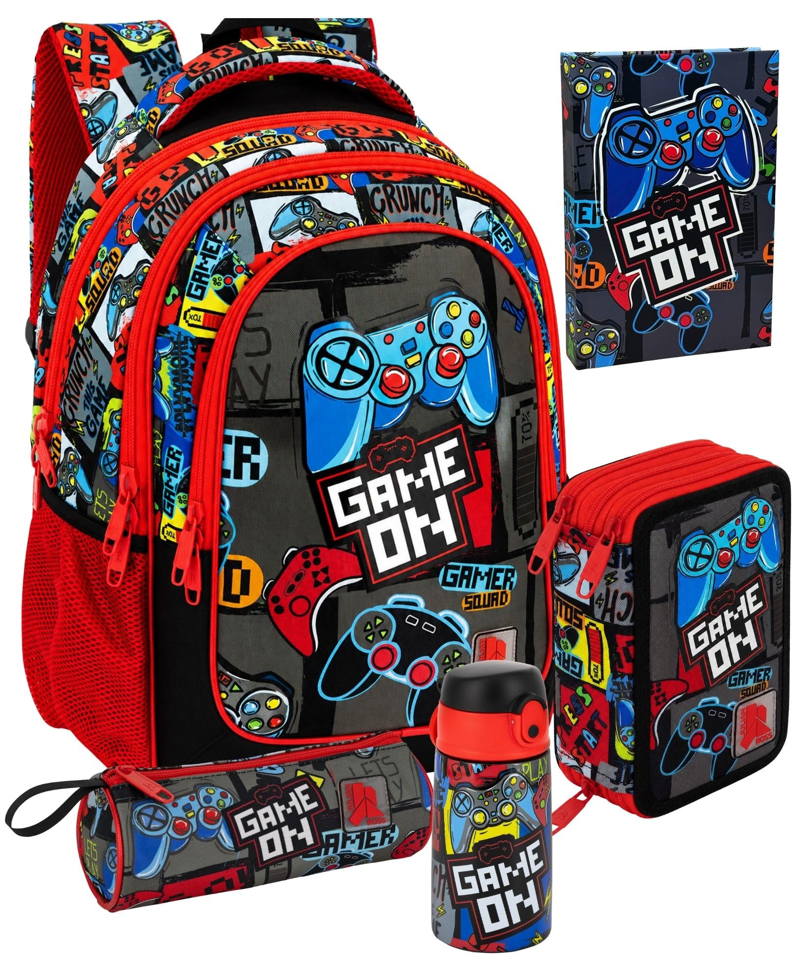 Pack Escolar 5 Piezas Niño - Mochila Ergonómica Primaria (6-12 Años), Estuche 3 Cremalleras Lleno, Agenda, Botella Térmica y Estuche Tubular - Set Regalo Vuelta al Cole (Gamer Squad)