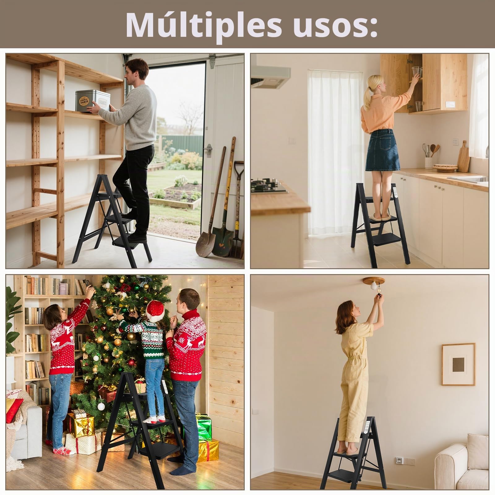 Escalera Plegable de 3 Peldaños, Pedal Antideslizante y Ancho, Escalera portátil para el hogar, Fácil de Guardar, Carga hasta 150 kg, Ideal para Cocinas y Hogar