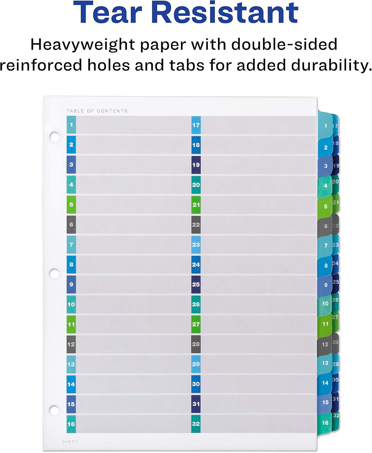 Avery Double Column 32 Tab Dividers for 3 Ring Binders, Customizable Table of Contents, Multicolor Tabs, 1 Set (11322)