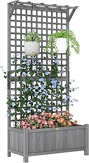 Outsunny Wood Planter with Trellis, Raised Garden Bed for Climbing Plants w/Drainage Holes and Roof, 35.5" x 17.75" x 72", Dark Gray