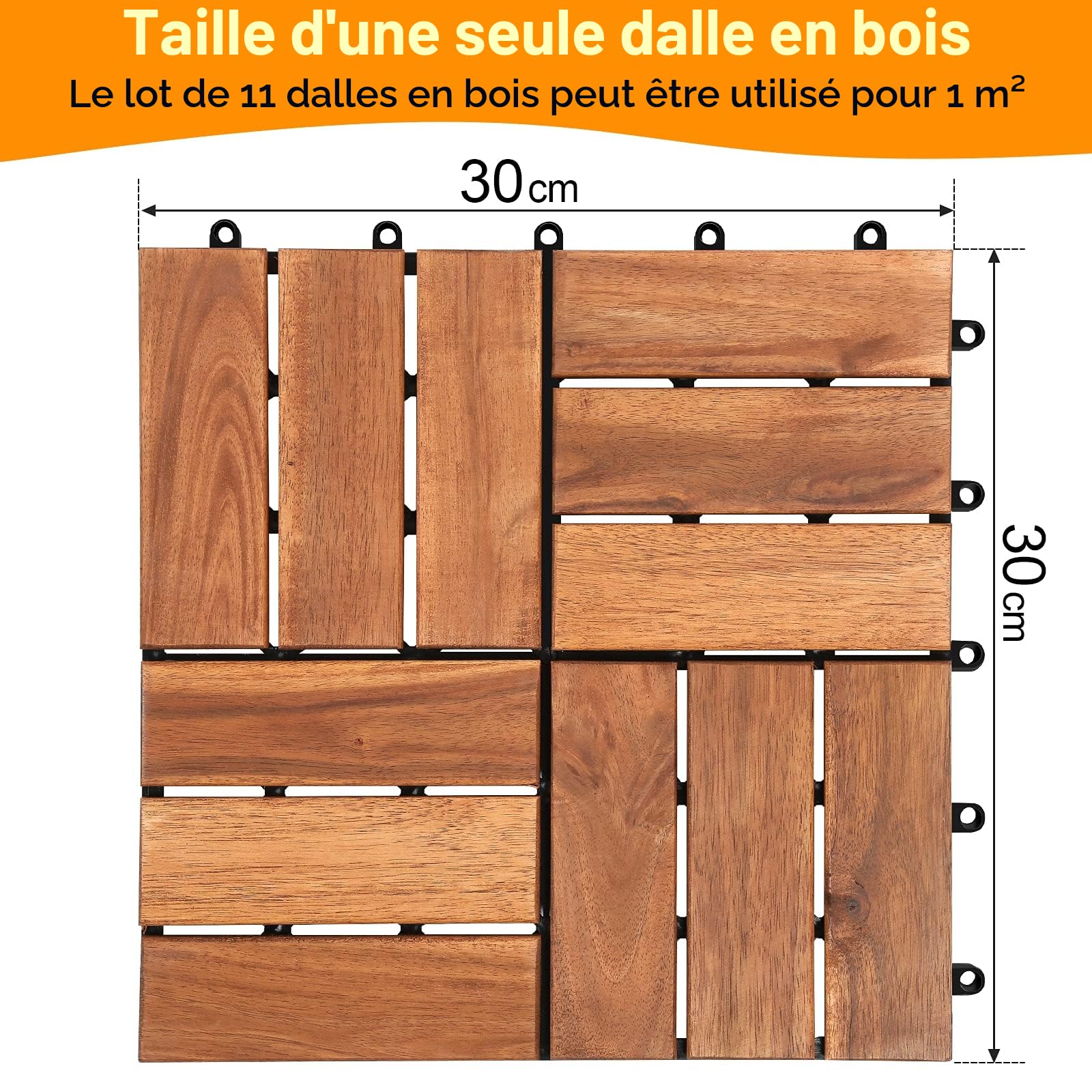 Randaco Carrelage en bois pour balcon - 30 x 30 cm - 11 carreaux de 1 m² - Convient comme dalles de terrasse et de balcon - En bois d'acacia pour jardin, terrasse, balcon, avec drainage