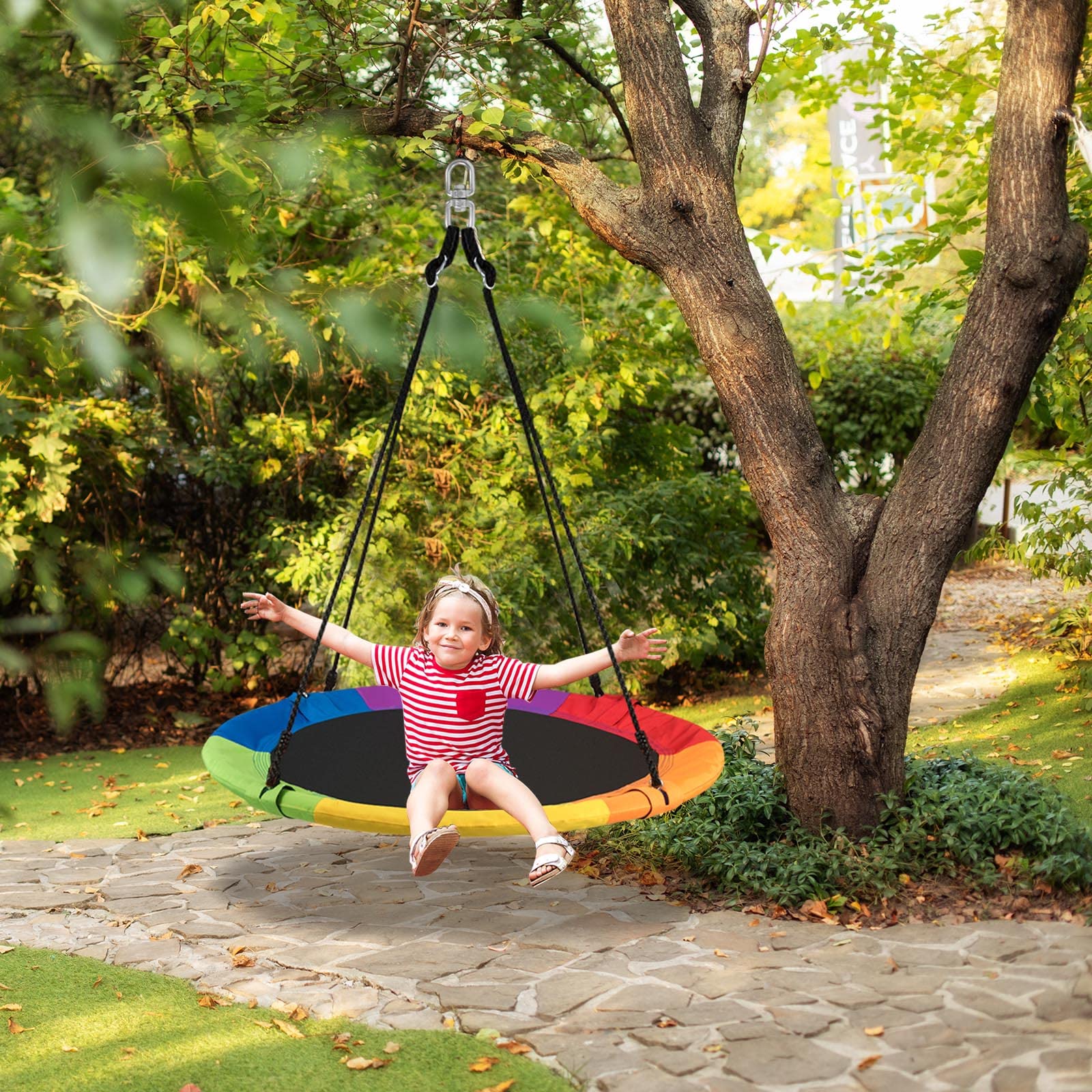 RELAX4LIFE Altalena da Giardino per Bambini, Altalena Rotonda a Nido per Esterno e Interno, Altezza Regolabile 100-180cm, per 2-3 Bambini, Carico massimo: 150kg (Colorato+Chinghia)