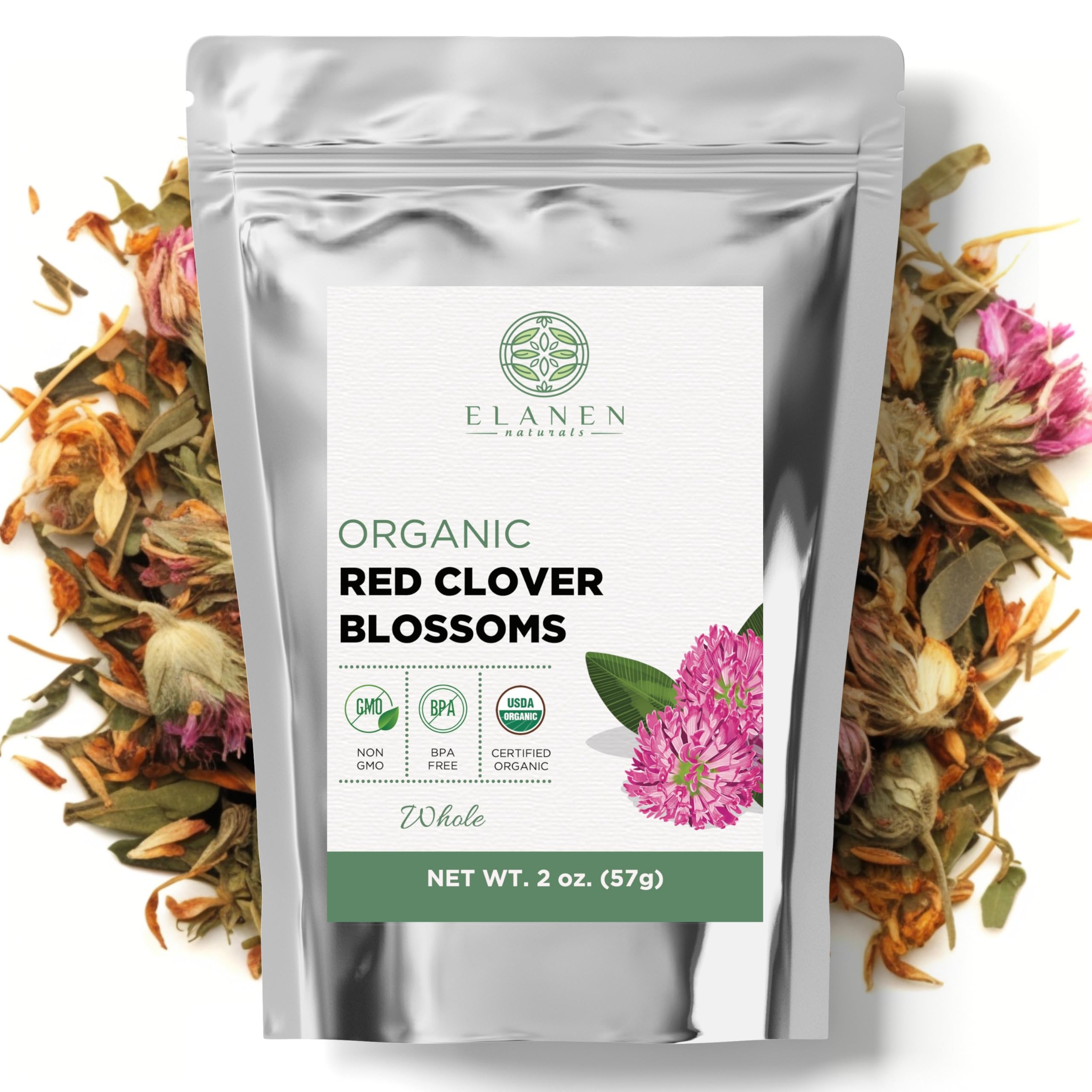 Organic Red Clover Blossoms 2 oz. (57g), USDA Certified Organic Red Clover Blossom Tea, Whole