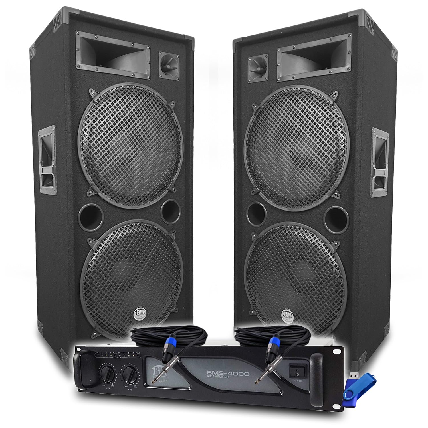 Bmsonic Pack Sono DJ BM Verstärker 4000 W, Paar passive Lautsprecher LSC215, 2 x 2000 W, Kabel Speakon, Sound Pro + Schlüssel 32 G