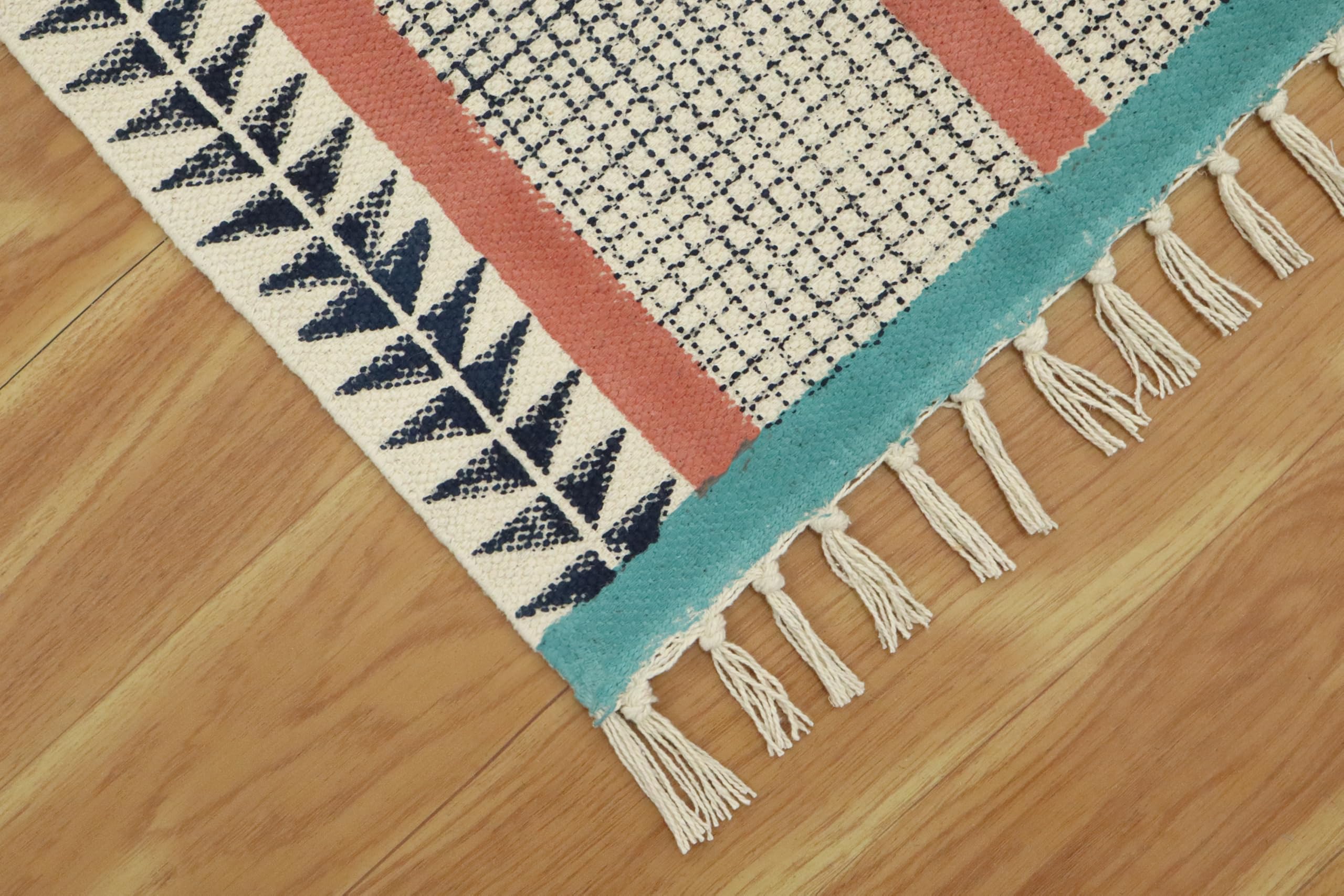 Kilim Tapis carré à rayures de 0,5 cm d'épaisseur en coton imprimé à la main pour intérieur et extérieur, cuisine, balcon, yoga, 0,5 cm d'épaisseur