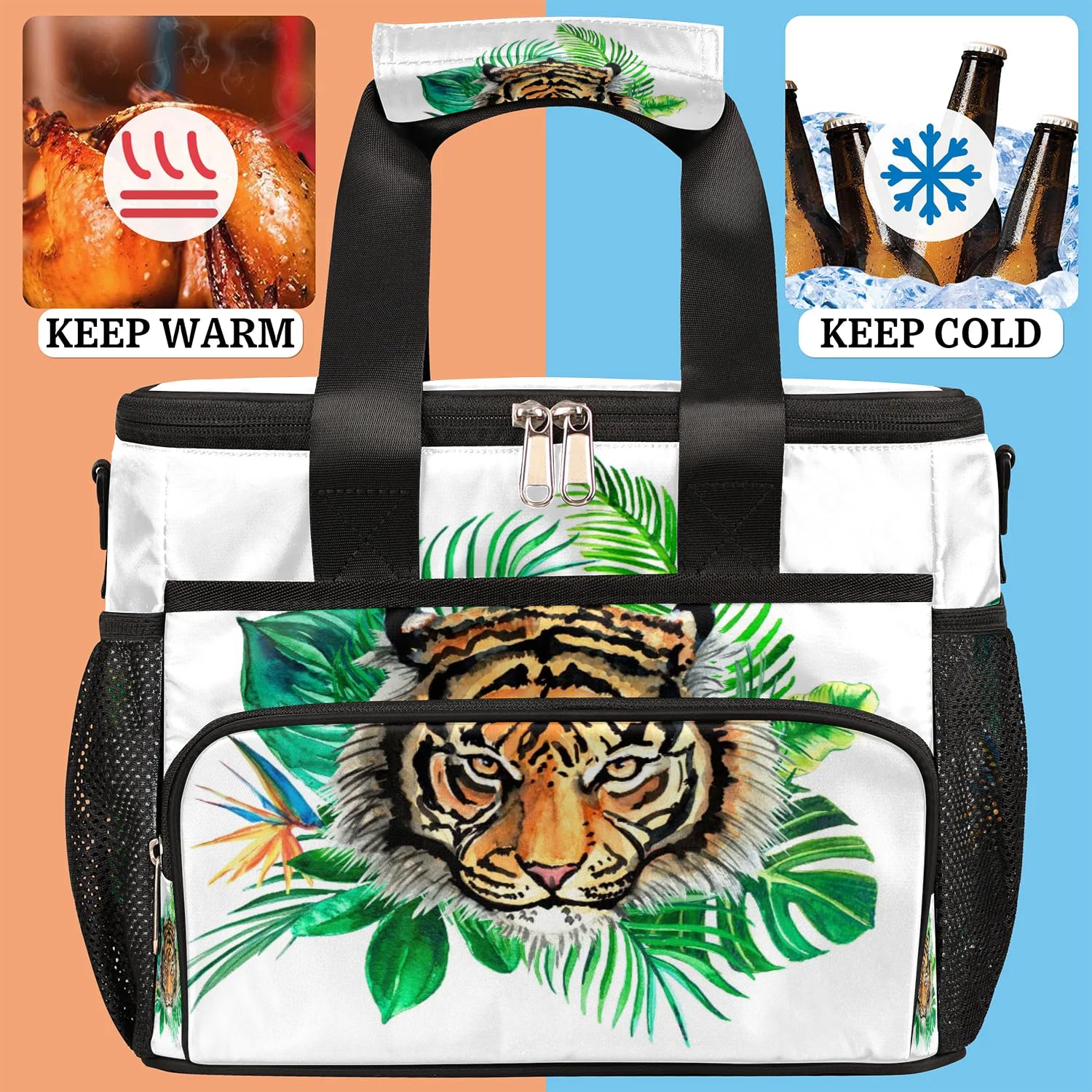 Große Lunchtasche mit tropischen Blättern, Tiger, für Erwachsene, Herren, Damen, Kinder, Mädchen, Jungen, isolierte Lunchbox, Kühltasche, Kühltasche, Kühltasche, Kühltasche, Kühltasche, für Arbeit,