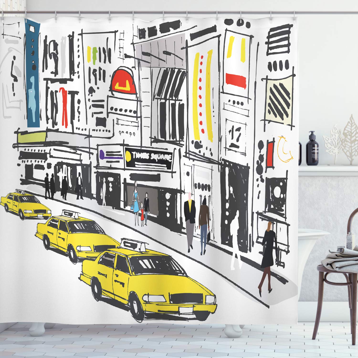 Ambesonne Modern Shower Curtain, Times Square New York with People in Street Taxi Cabs Traffic Fashion Illustration, Cloth Fabric Bathroom Decor Set with Hooks, 69" W x 84" L, Charcoal Yellow