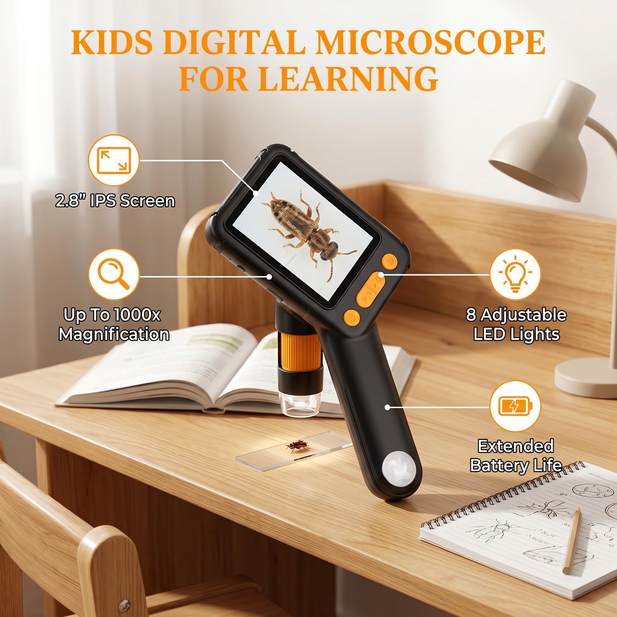 Mikroskop für Kinder, 1000-faches Digitalmikroskop mit 2,8-Zoll-Bildschirm, 8 LED-Leuchten, 3 Helligkeitsstufen, Unterstützt 32-GB-Karte und PC-Verbindung, STEM-Spielzeug für