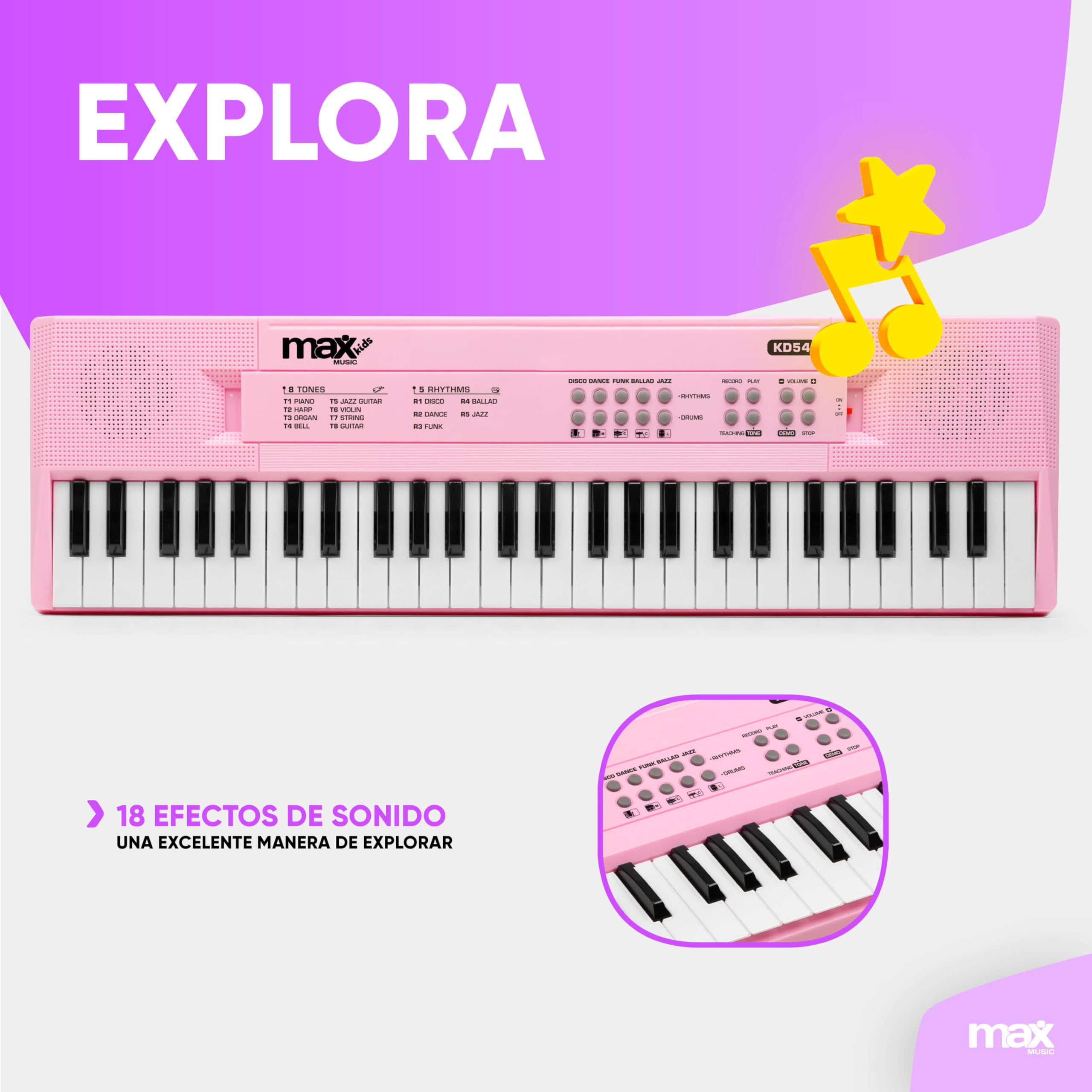 MAX KD54 – Teclado piano 54 teclas con micrófono, batería recargable y altavoces estéreo – Piano digital infantil para principiantes, niñas y niños – Teclado musical portátil – Color rosa