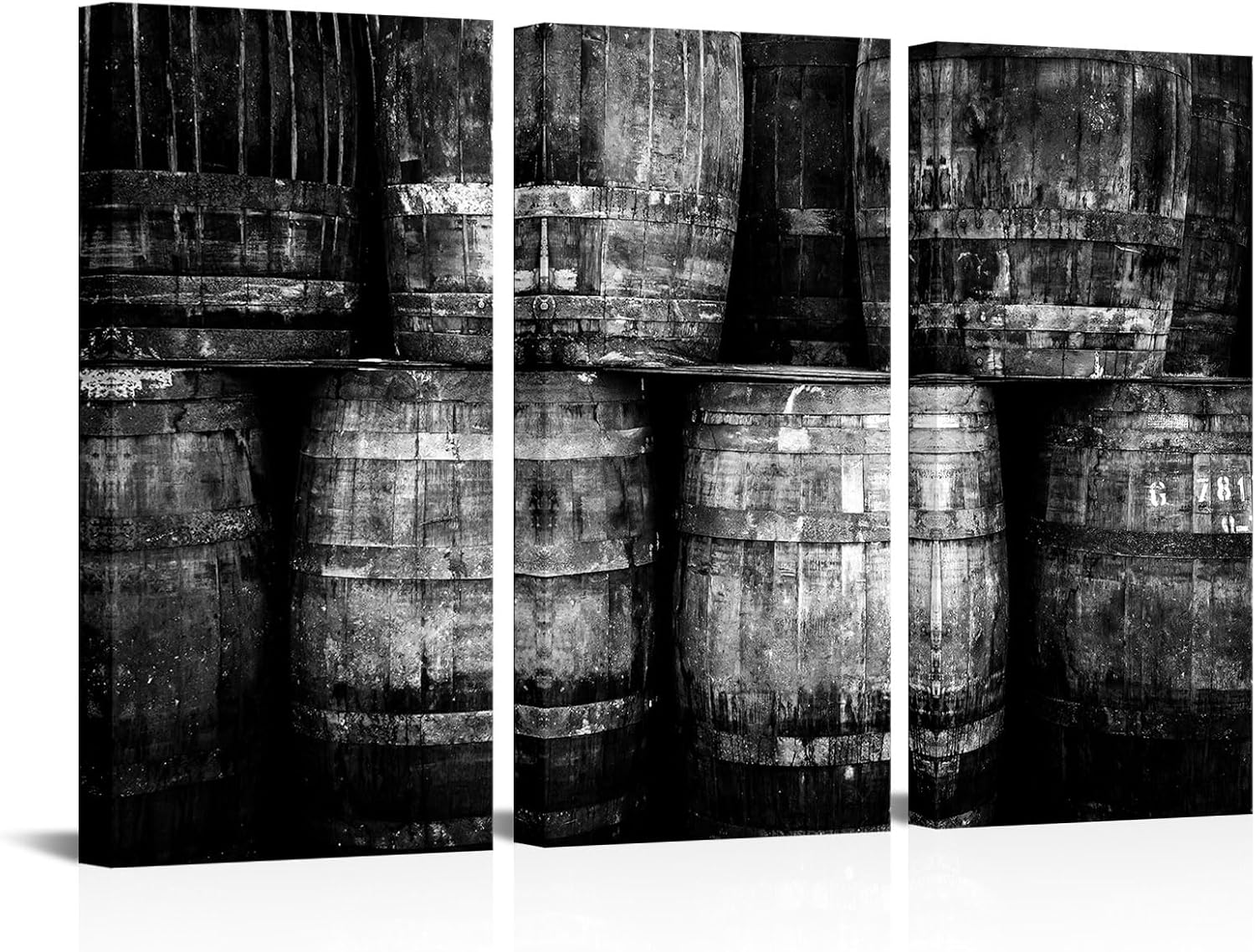Nachic Wall Whisky Barrels Canvas Wall Art Black and White Oak Barrel Painting Artwork Vintage Warehouse Wall Decor Farmhouse Rustic Bar Decor (Black)