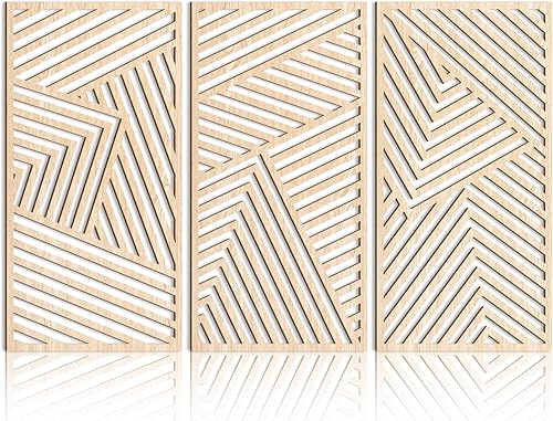 AUIAU Arte geométrico de madera para pared, diseño geométrico, línea minimalista, hueca, decoración de pared grande, arte de madera, 3 paneles,