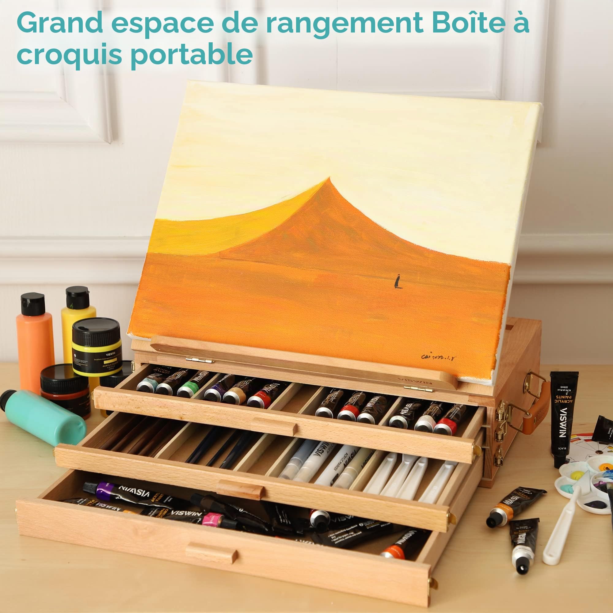 VISWIN Grand Chevalet de Table Réglable À 3 Tiroirs, Boîte de Peinture en Bois de Hêtre de Qualité Supérieure, Chevalet de Bureau d'Artiste Portable Pour Adulte, Artiste
