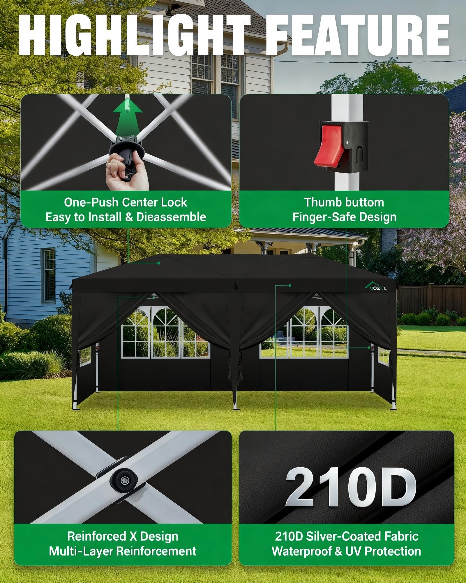 Acepic One-Touch Pop Up Pavillon 3x6 Wasserdicht Stabil Winterfest (Weiß) | mit 6 abnehmbaren Seitenwänden, UV 50+, Partyzelt für Garten Party Hochzeiten mit Kirchenfenstern
