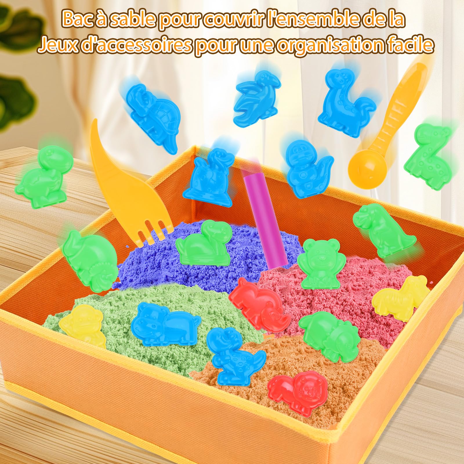 VBACALA Bac à Sable Magique Pour Enfants, Bac àSable Magique Pliable Avec 796g De sable, Moules à SablePour Animaux Sauvages, Pour Filles Et Garçons Cadeau De Jouet De able Pour Enfants 3 4 5
