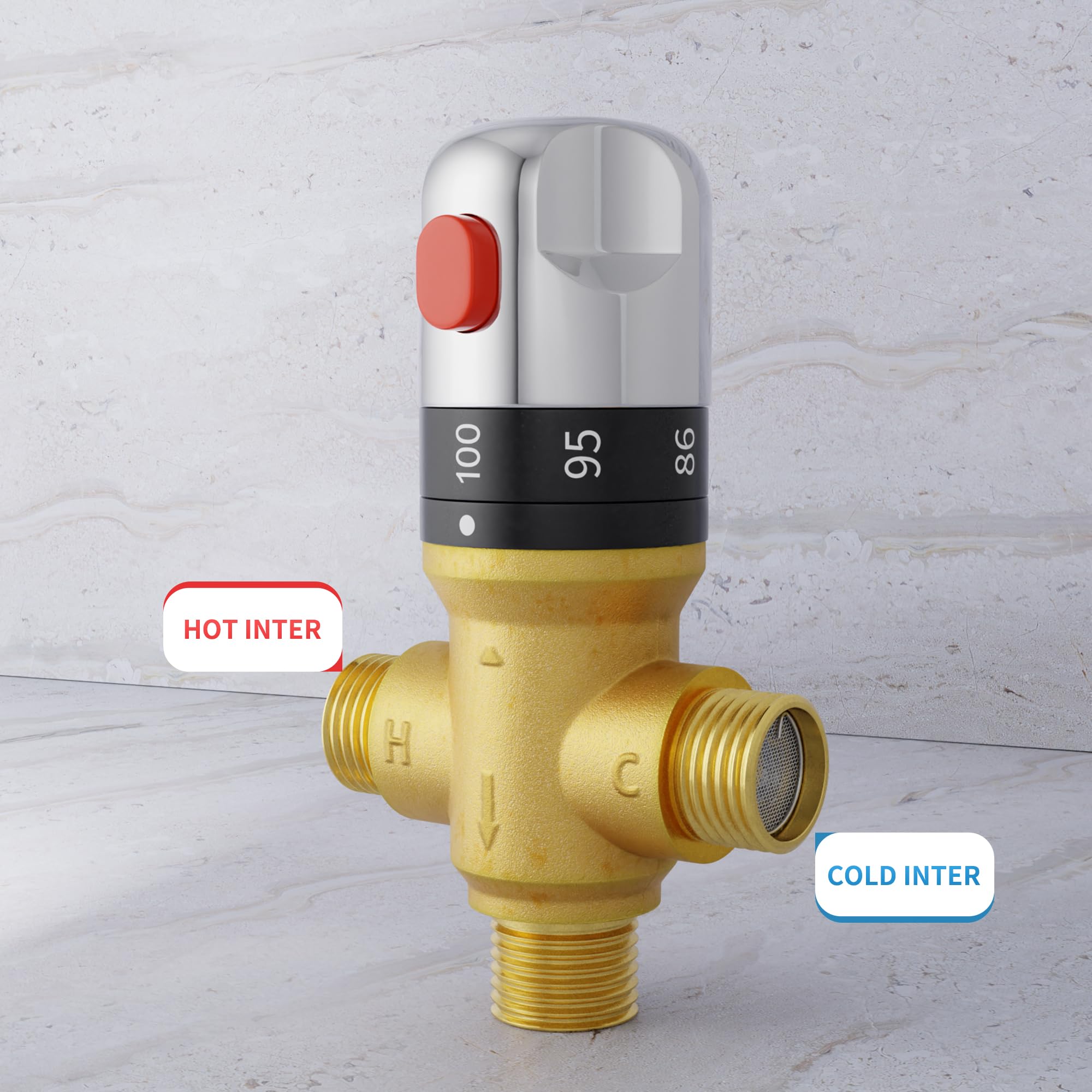 Morado Valvola termostatica Mxiing con adattatore di collegamento maschio 1/2 NPT, valvola di controllo della temperatura dell'acqua, scala Fahrenheit, ottone massiccio