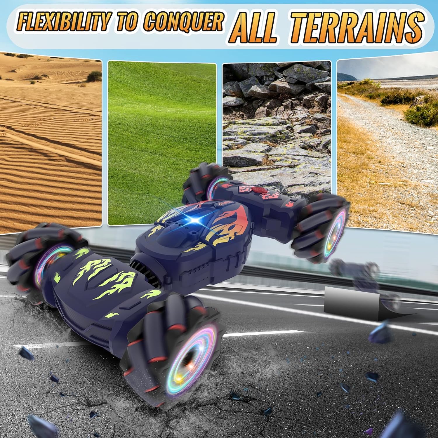 The RC Stunt Car navigating various terrains including sand, grass, rocks, and dirt paths.
