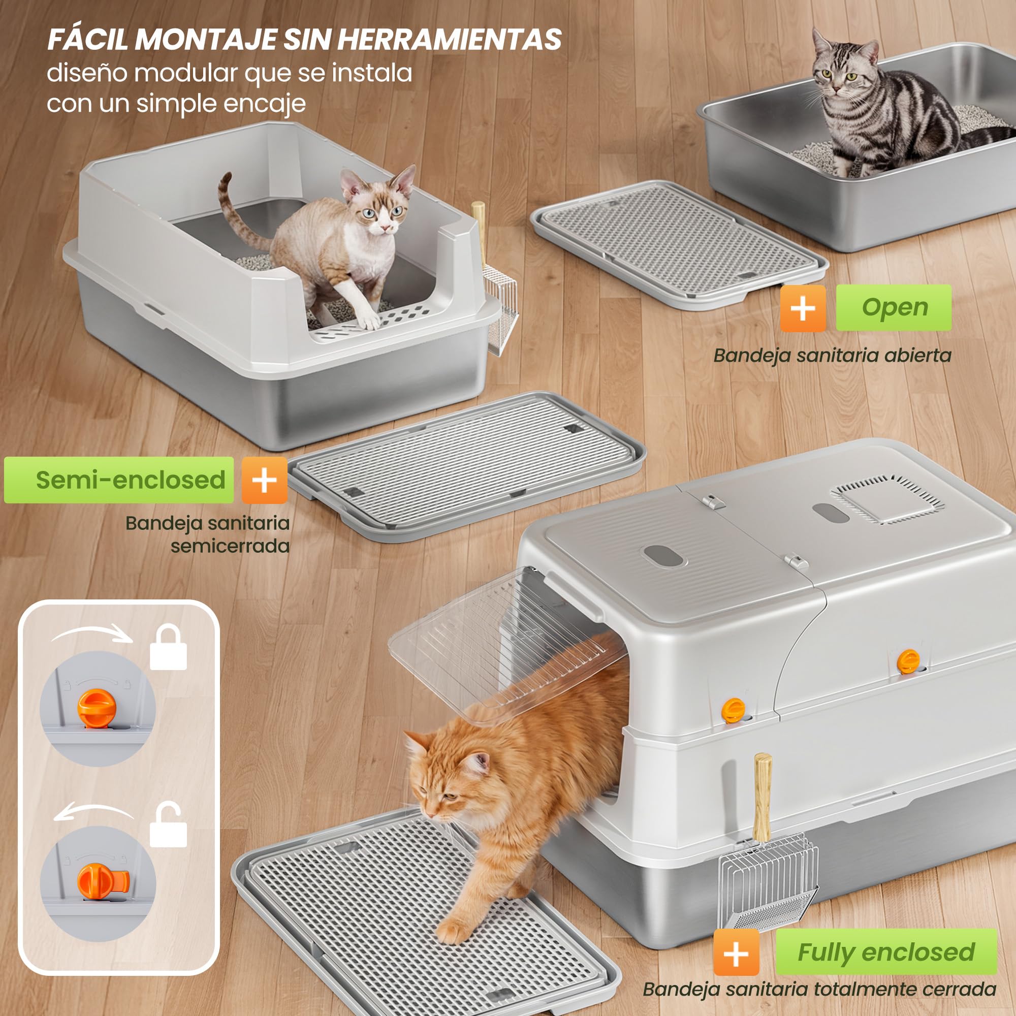 XXL Arenero Gato Cubierto de Acero Inoxidable– 3-en-1 Arenero Cerrado para Gatos con Tapa, con Filtro de Carbón Activo, Tapa Abatible 180°, Pala Metálica, Tapete, Antifugas, Sin Olores