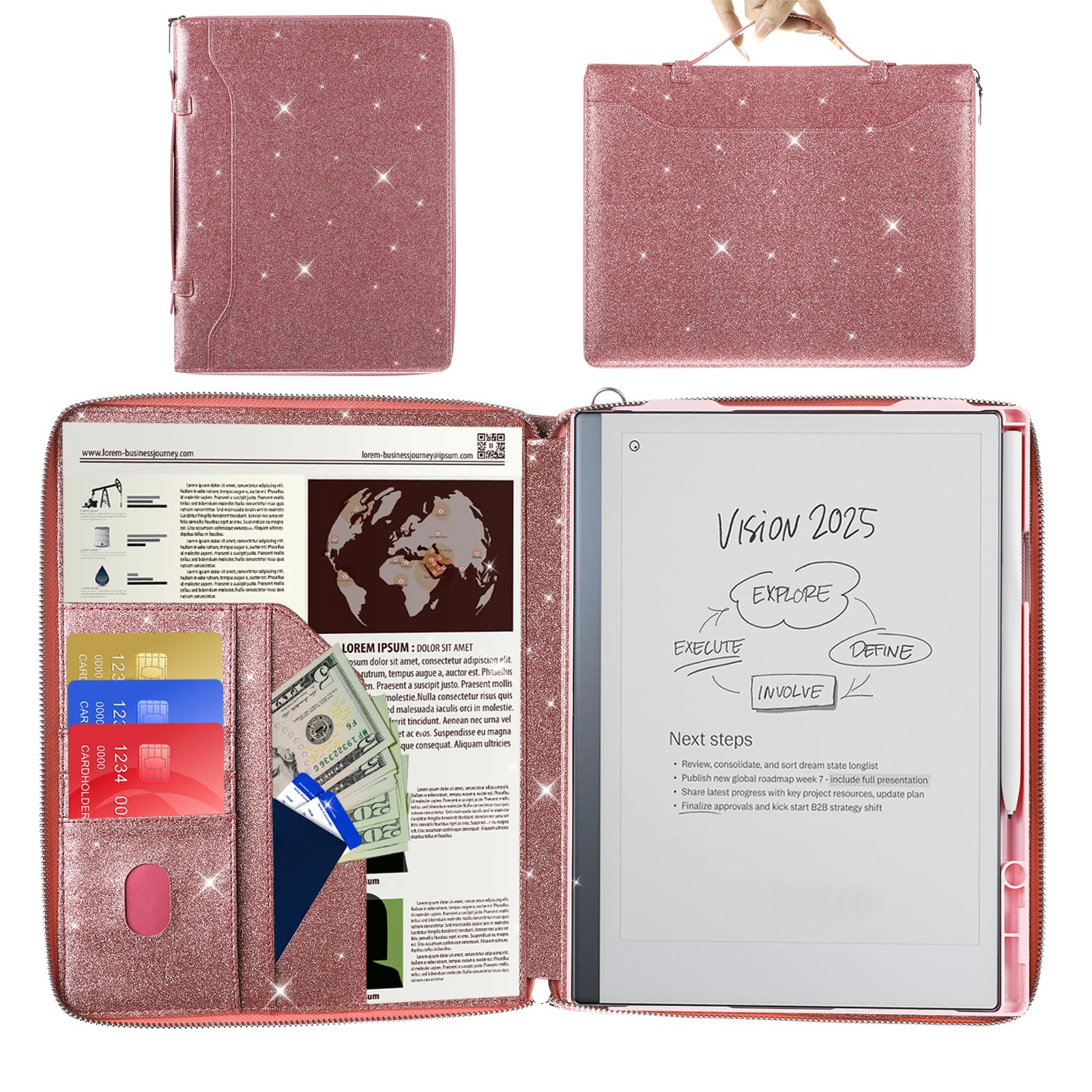 E NET-CASE Glittering PU Leather Case for Remarkable 2 Tablet 10.3 inch (2020 Released), Business Handheld Design Cover for Remarkable 2 Digital Paper with Zipper &amp; Pen Holder (Starry Night Pink)