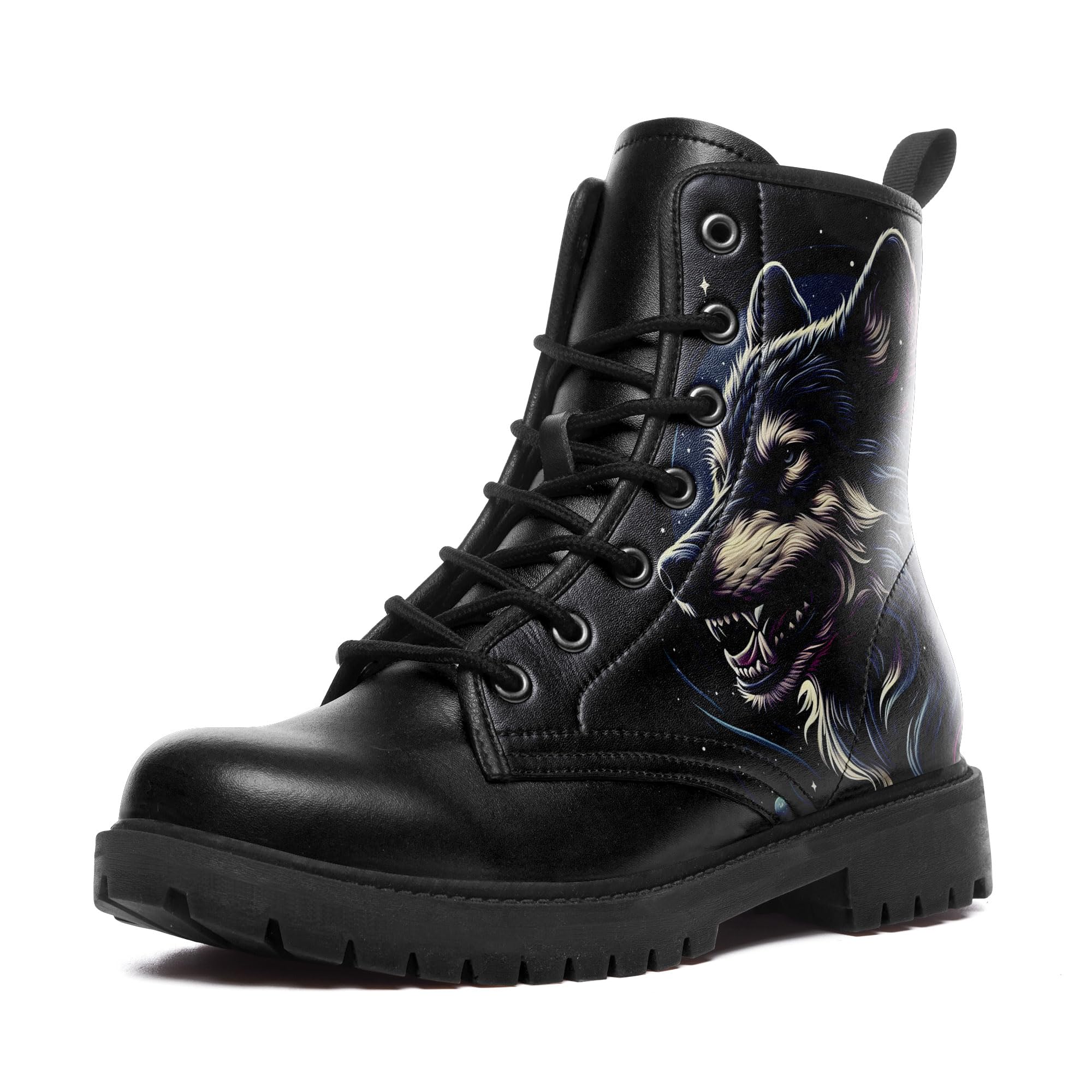 Wolf Graphic Combat Boots Fashion Lace-Up Ankle Boots for Men Women Casual Hiking Work Punk Platform Booties