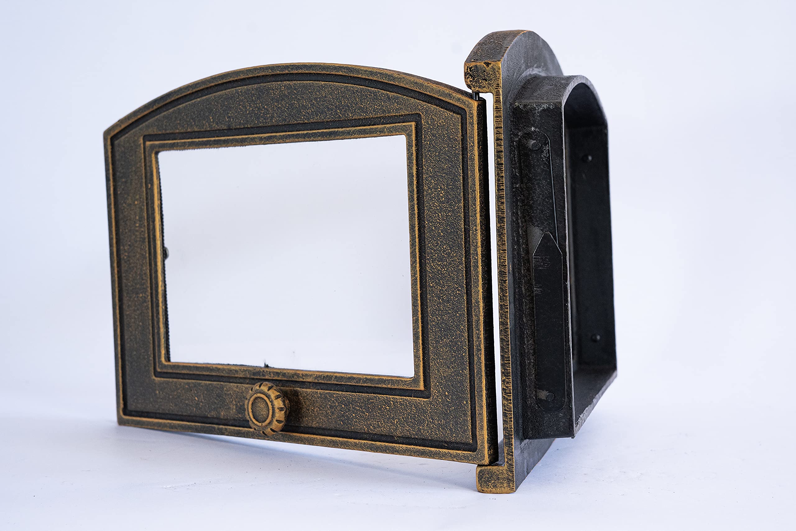 SEZAM Backofentür aus Gusseisen mit hitzebeständiger Glasscheibe, nach rechts öffnend, Pizzaofentür - Brotofen - Steinofentür, 37 x 6 x 31,5 cm - halbrund, altgoldfarbene Bemalung