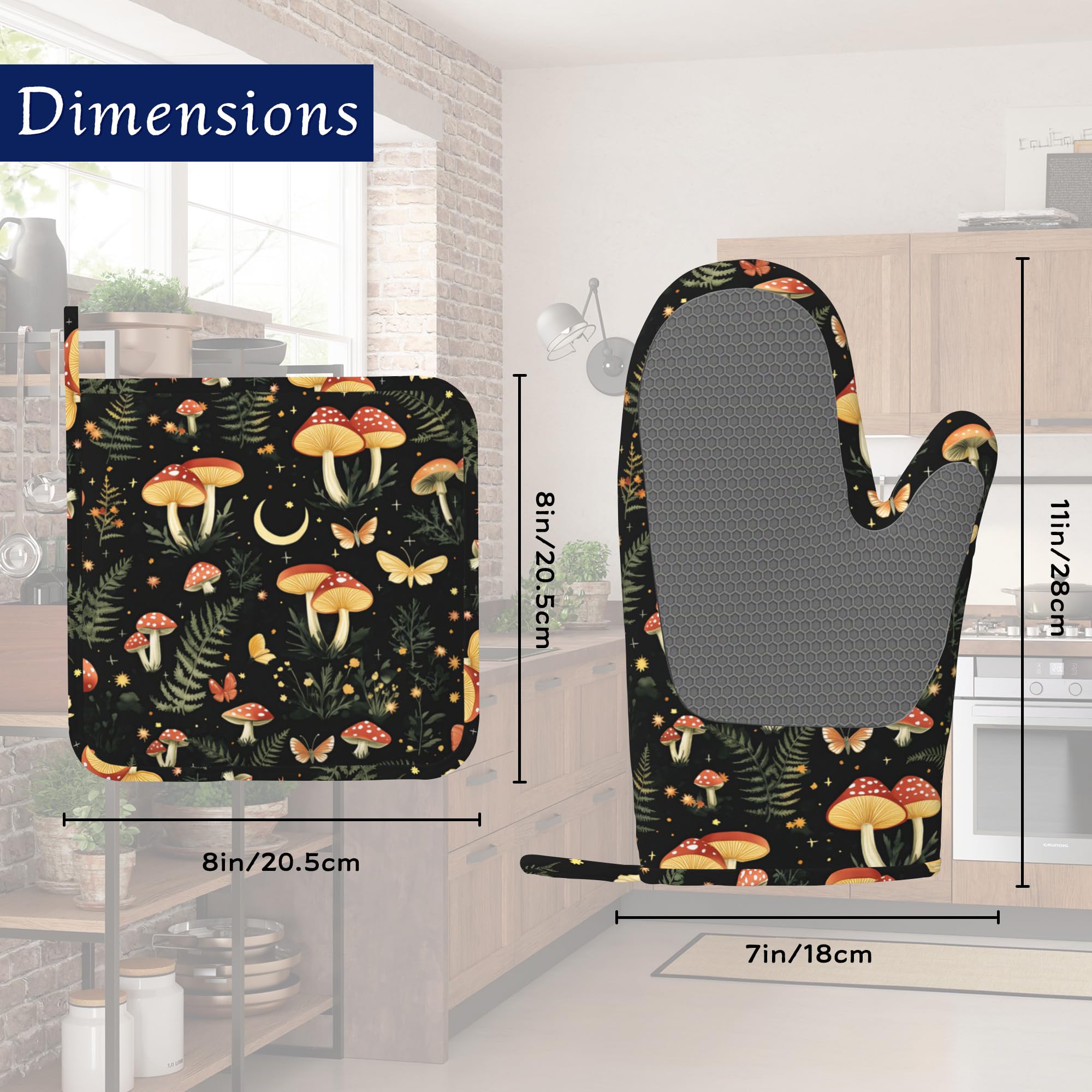 Boho Pilze Ofenhandschuhe und Topflappen Sets von 4 Wildblumen Schmetterling Hitzebeständige Silikon Ofenhandschuhe Handschuhe Rutschfeste Küchenhandschuhe Topflappen zum Kochen Backen Grillen BBQ