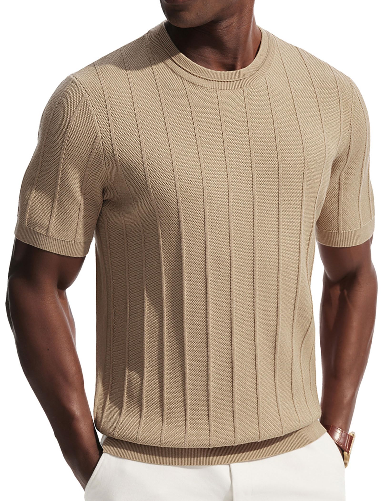 PJ PAUL JONES Mens T-Shirts Short Sleeve Crewneck Knit Texture Shirt Fashion Casual Stretch Tee Shirts