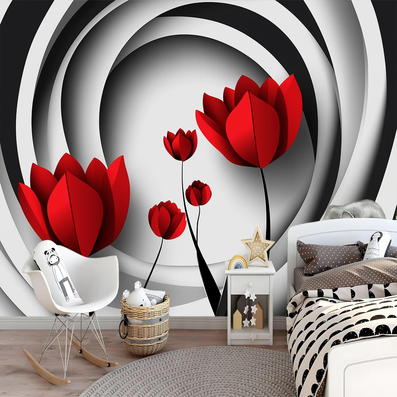 Genérico Tapeta Czerwone Tulipany Trójwymiarowe Paski Fototapety Włóknina 250 x 175 cm Fototapety Dekoracyjne Fototapety Ścienne Efekt 3D Dekoracyjny Salon Tapety Kuchnia