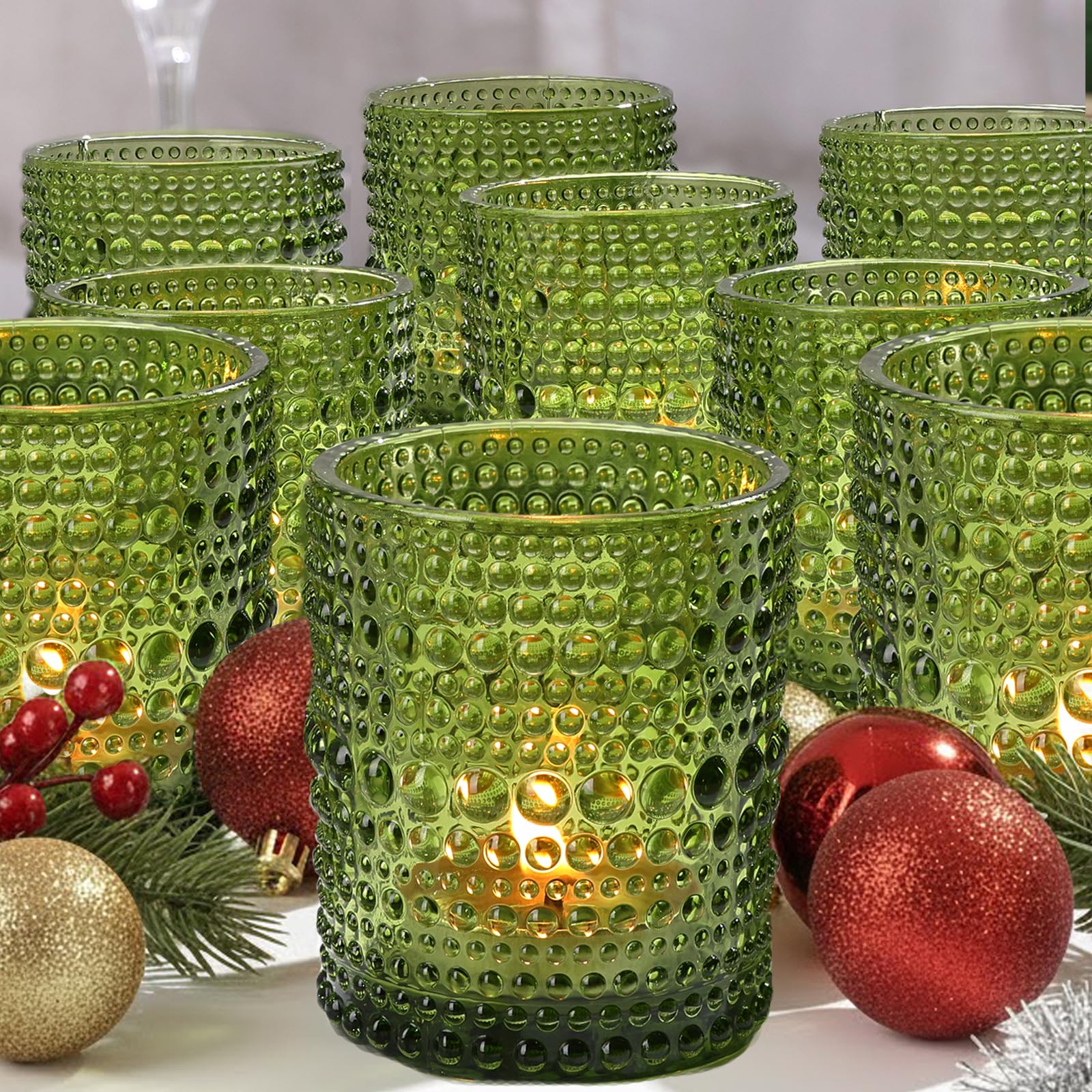 12Pcs Green Votive Candle Holders for Christmas Decor, 2x2.5in Glass Tea Light Candle Holder for Wedding Table Decor & Christmas Thanksgiving
