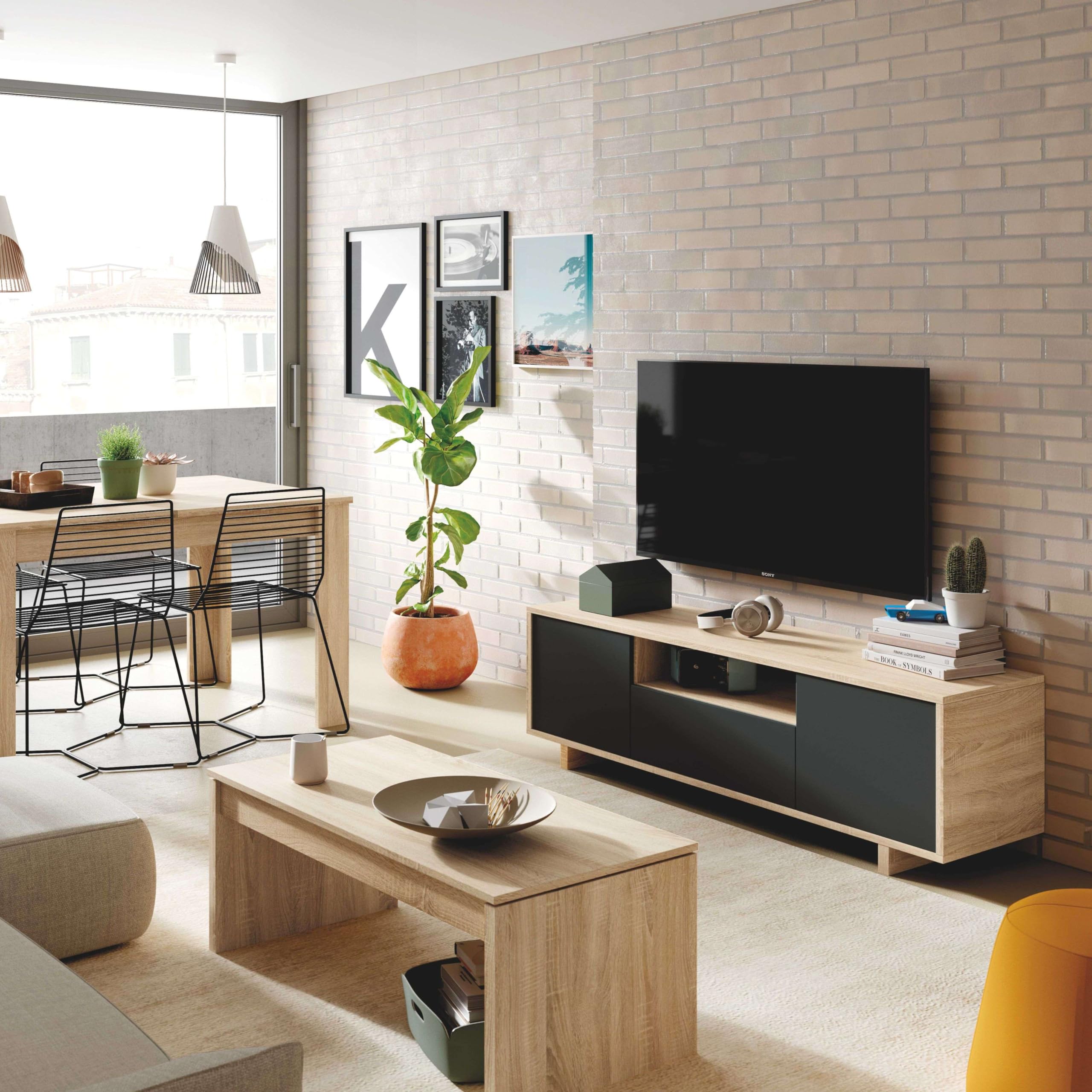 Habitdesign Modèle Zaira Meuble TV, finition chêne canadien et gris anthracite, dimensions : 150 x 46 x 41 cm (l x H x P).