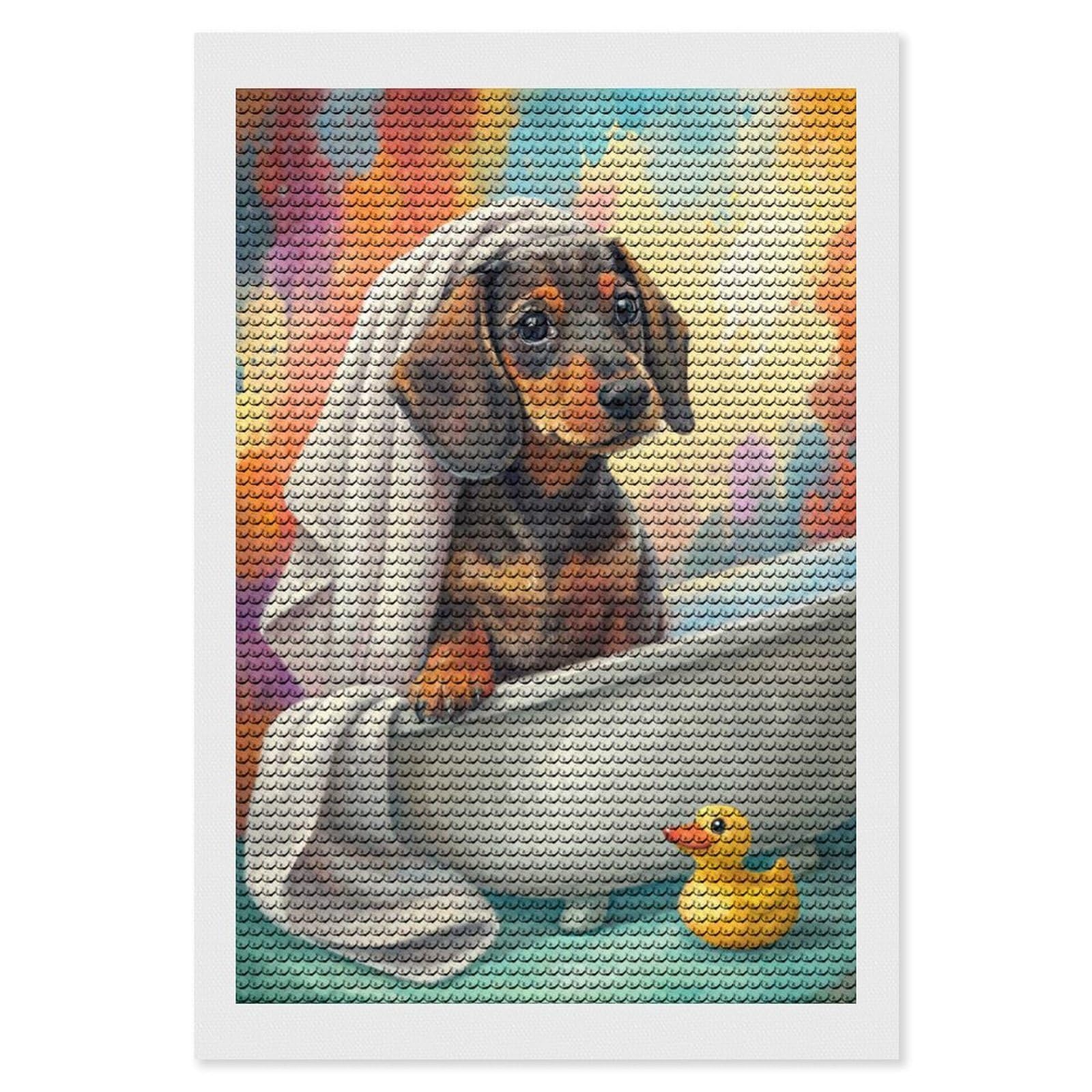 Junmoney Dachshund Puppy in Bathtub with Duck Diamond Art Kit 8"x12", Bedroom Decor, Adhesive Canvas, Full Kit Included, Thoughtful Present, Birthday Gift