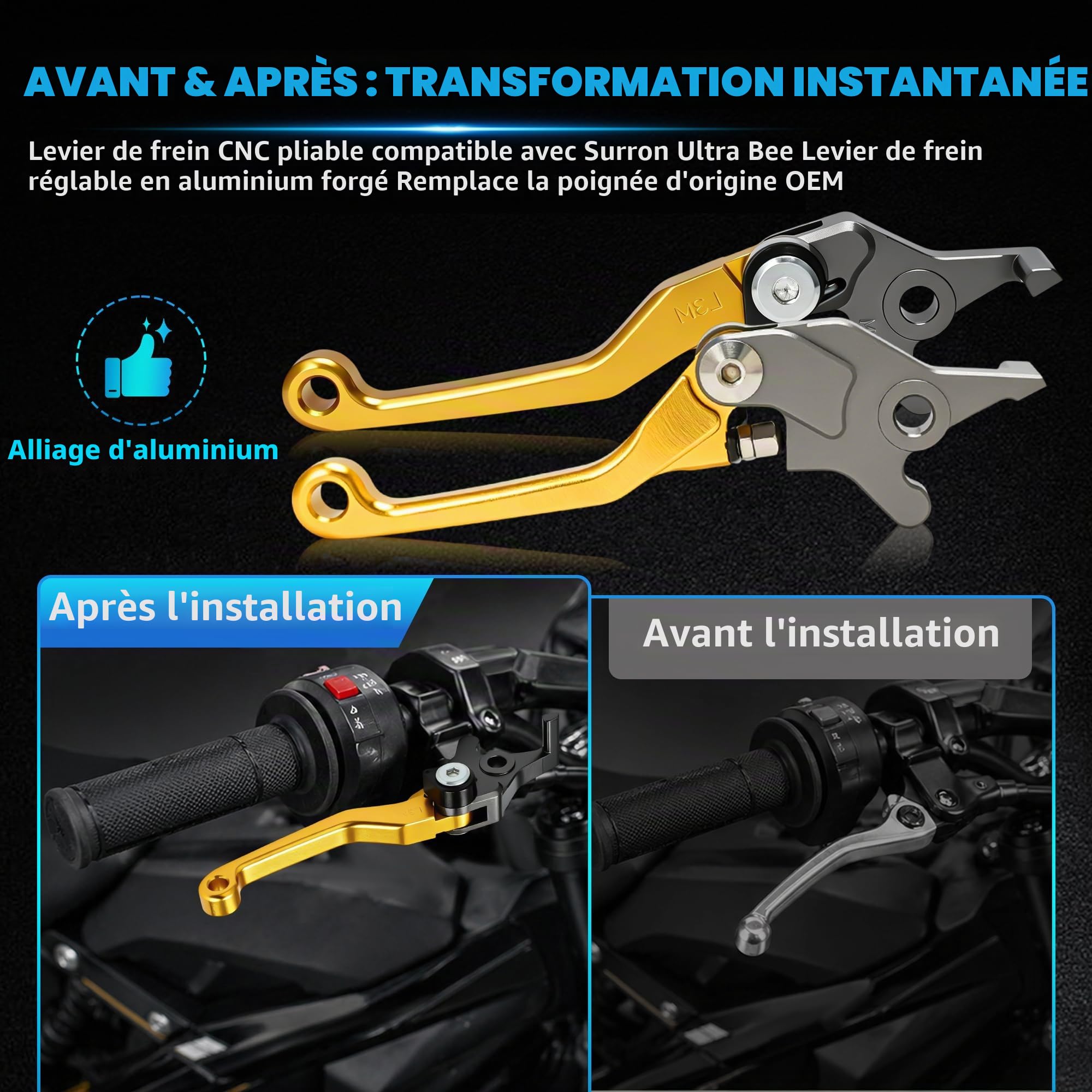 Sur Ron Levier de frein pour Ultra Bee Pivot réglable Surron UltraBee Levier de frein électrique CNC pour moto tout-terrain Doré