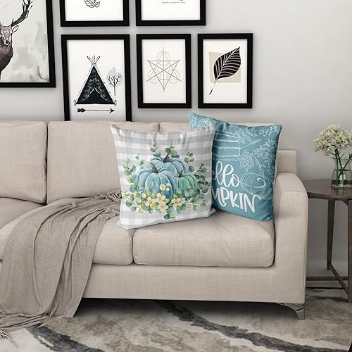 Miniatura 2 de Giwawa Hello Pumpkin - Juego de 2 fundas de almohada de calabaza verde azulado con hojas de eucalipto, funda de almohada de otoño de cosecha y