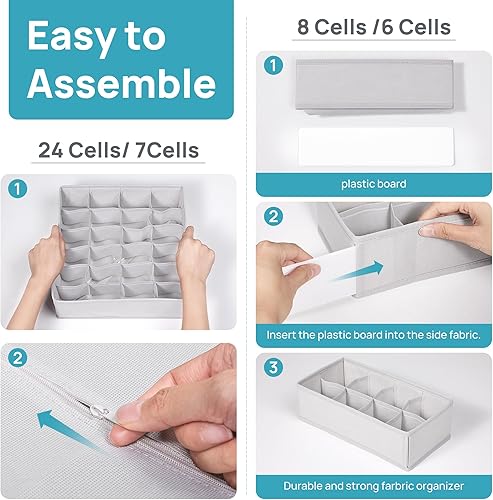 Miniatura 6 de Vtopmart Juego de 4 organizadores de cajones de ropa interior, 6+7+8+24 celdas, separadores de cajones de ropa, contenedores organizadores de