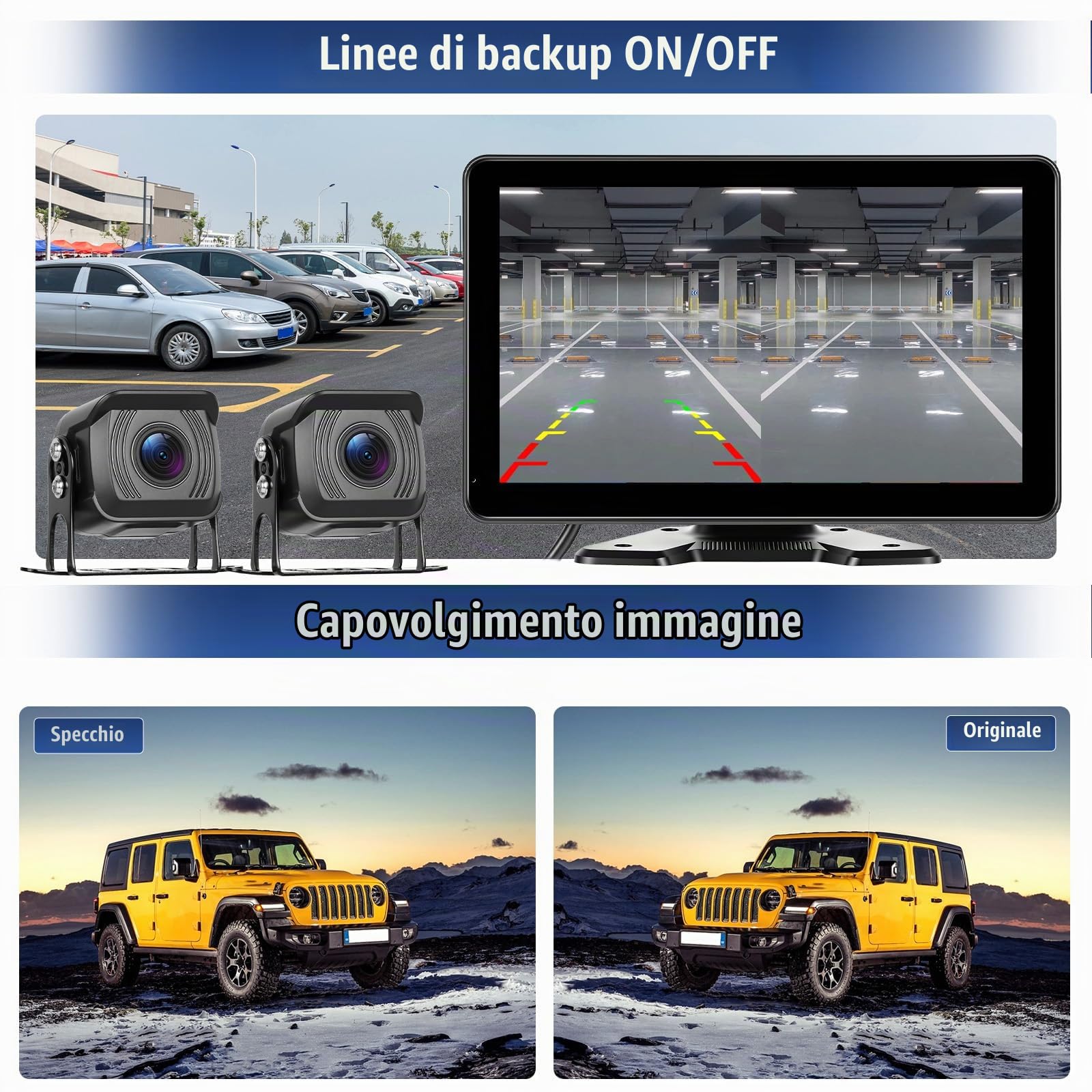 Telecamera Posteriore Set di 4 Telecamere Cablate, Monitor IPS HD da 10,1 Pollici 4K DVR con BSD, Impermeabile IP68, Registrazione, Monitoraggio del Parcheggio, Linee di parcheggio, 12V-24V